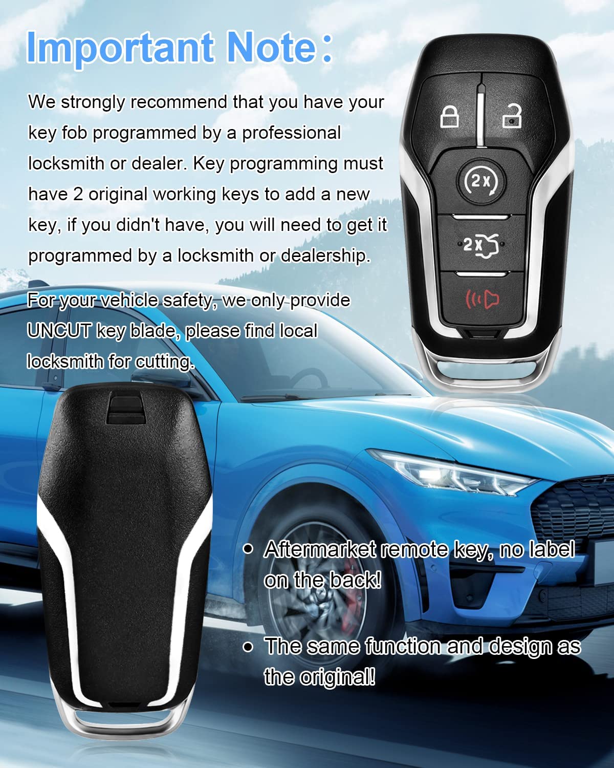 Key Fob Replacement for Ford: 5-Button Keyless Entry Remote Start Control for Ford Mustang Fusion Explorer Edge Lincoln MKC MKX MKZ, Compatible with - View 5 of 6