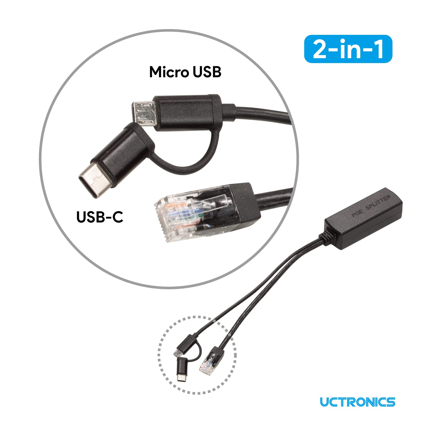 UCTRONICS UCTRONICS Gigabit PoE Splitter 5V 3A 2-in-1 PoE to USB C Micro USB Adapter for Raspberry Pi 3 4 Security IP Cameras and More - View 2 of 6