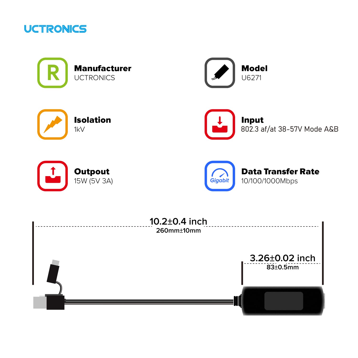 UCTRONICS UCTRONICS Gigabit PoE Splitter 5V 3A 2-in-1 PoE to USB C Micro USB Adapter for Raspberry Pi 3 4 Security IP Cameras and More - View 4 of 6