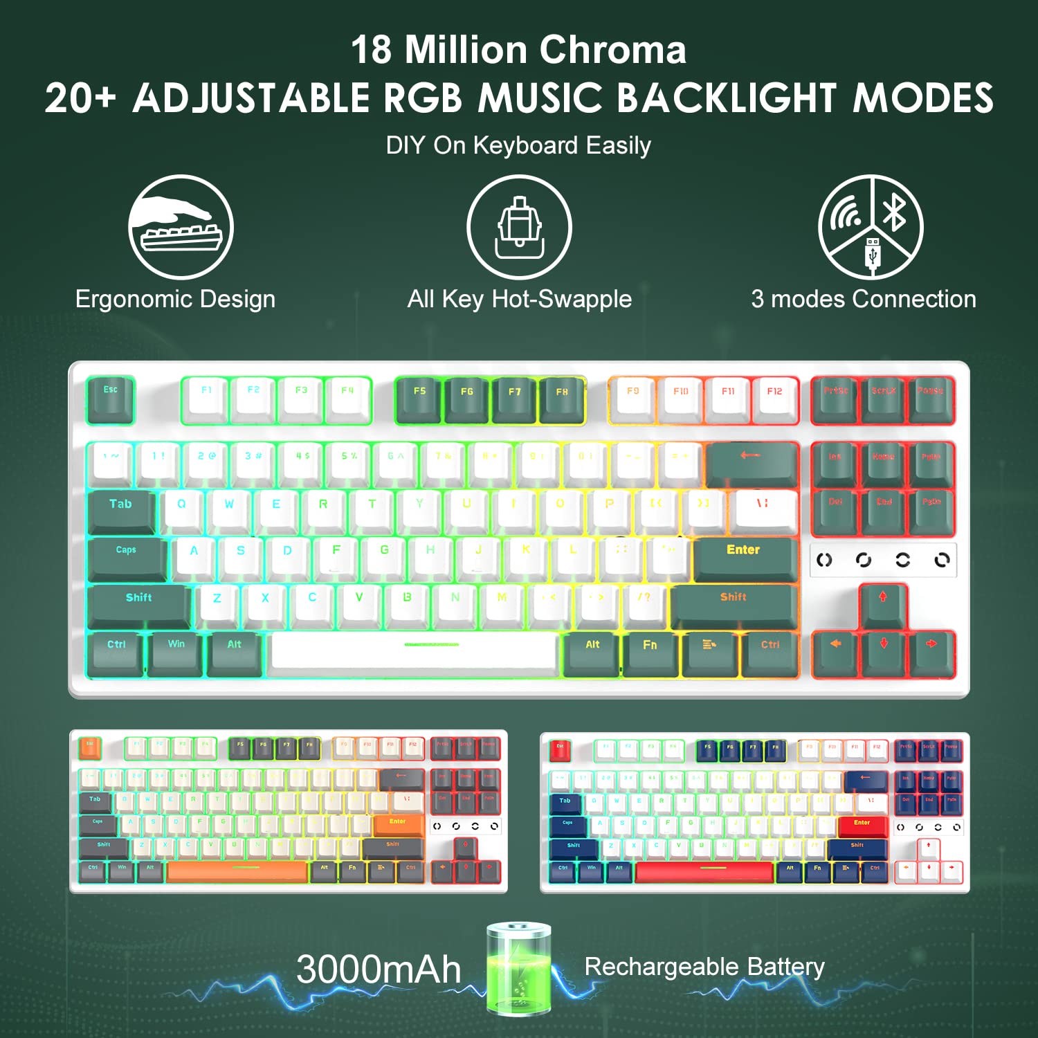 ATTACK SHARK K87 Gaming Keyboard Wireless TKL Mechanical Keyboard,2.4G BT 5.0 Wired Coiled Keyboard Cable,Hot Swappable Tactile Switch,Chroma - View 3 of 8