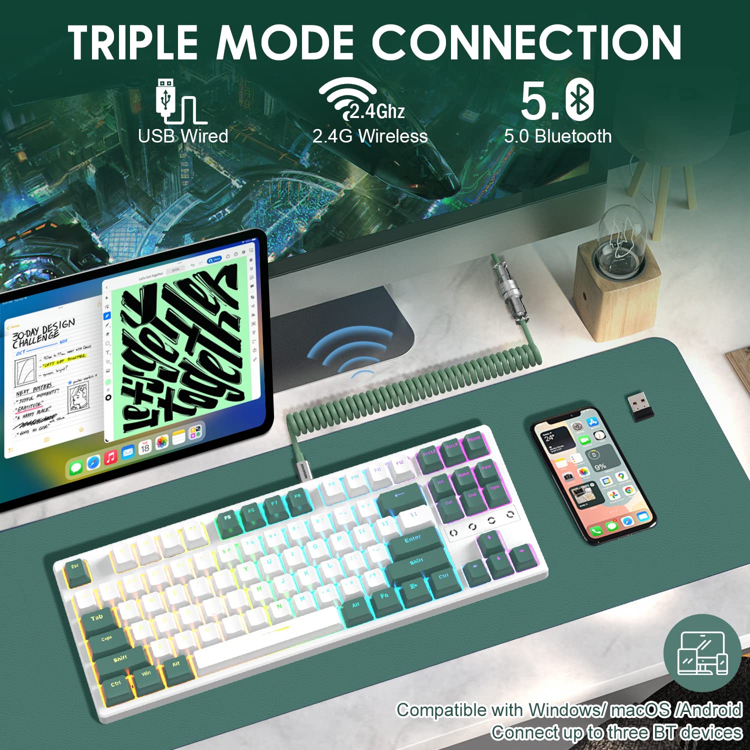 ATTACK SHARK K87 Gaming Keyboard Wireless TKL Mechanical Keyboard,2.4G BT 5.0 Wired Coiled Keyboard Cable,Hot Swappable Tactile Switch,Chroma - View 4 of 8