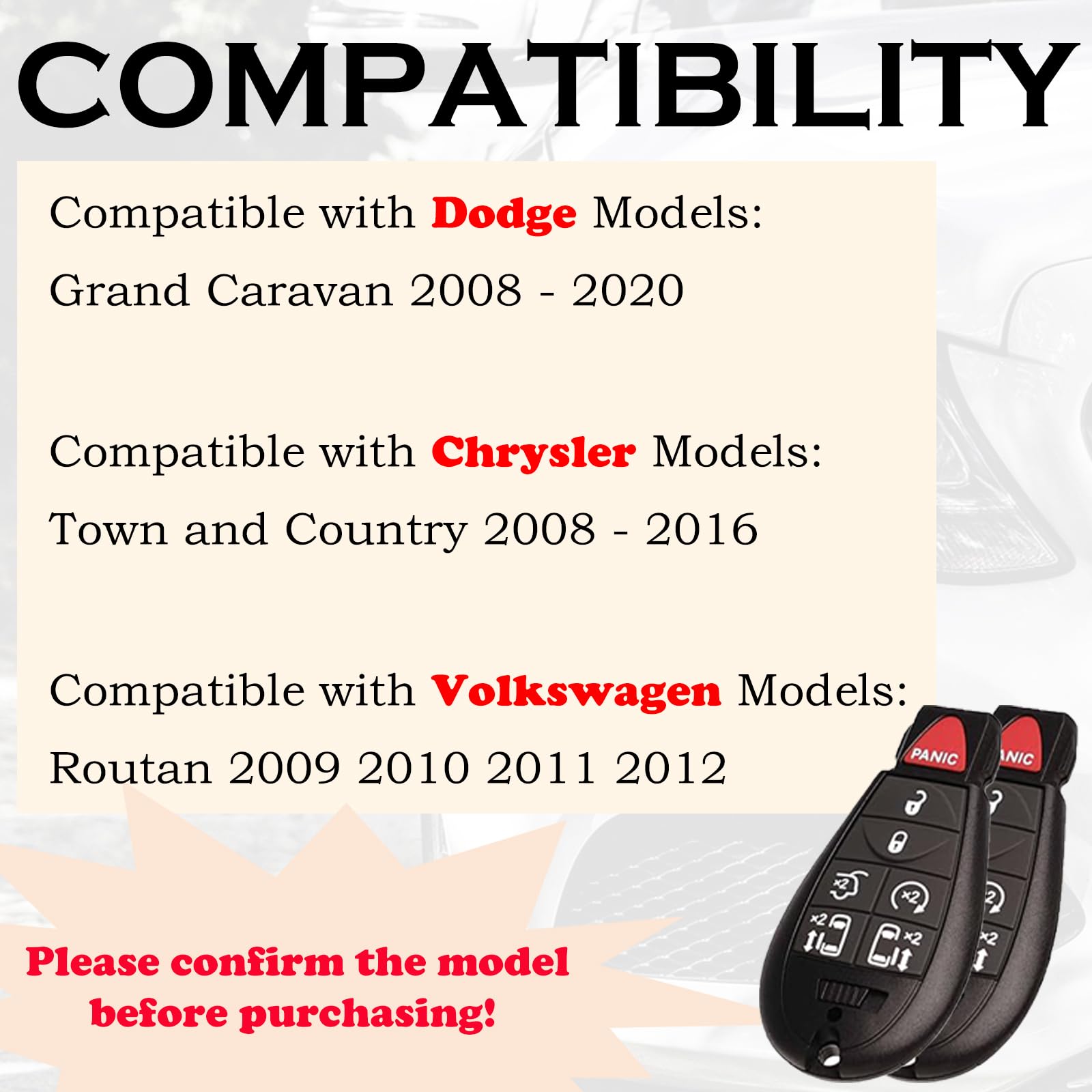 SUPALAND Keyless Entry Remote Control Key Fob FOBIK Replacement Fits for Dodge Grand Caravan 2008-2020 Chrysler Town Country Volkswagen Routan - View 2 of 9