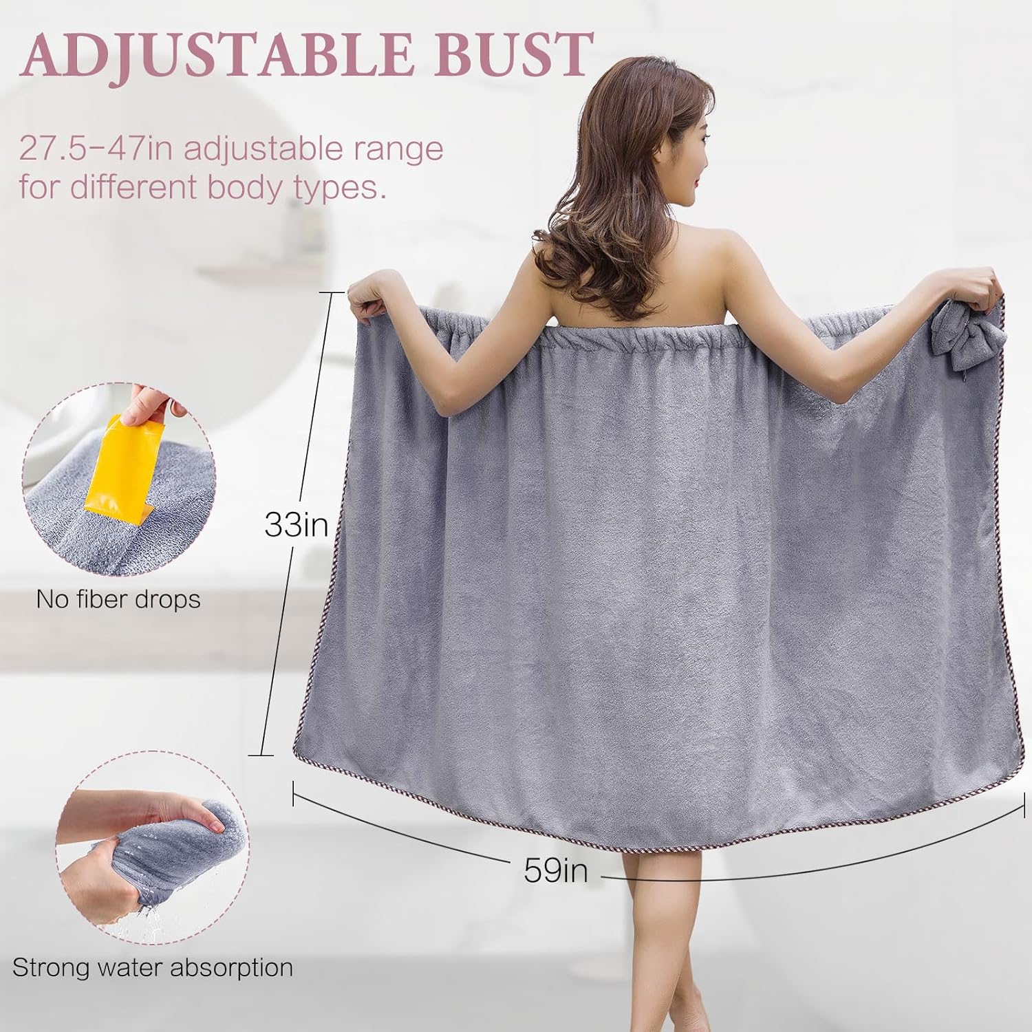 KOIKEY KOIKEY Women Bath Wrap Hair Towel Adjustable Luxury Microfiber Soft Towels Super Absorbent Quick Drying Hair and Body Grey - View 2 of 6