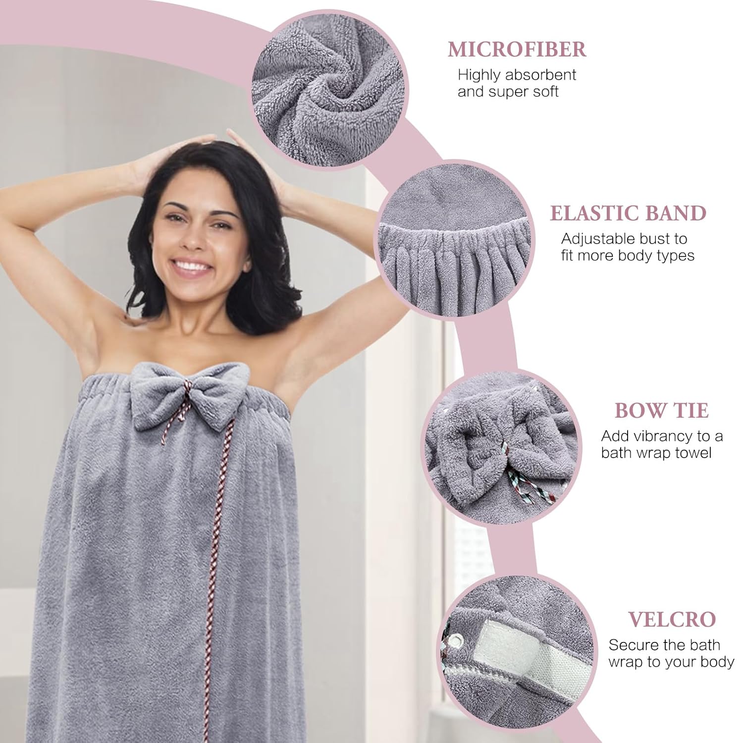 KOIKEY KOIKEY Women Bath Wrap Hair Towel Adjustable Luxury Microfiber Soft Towels Super Absorbent Quick Drying Hair and Body Grey - View 3 of 6