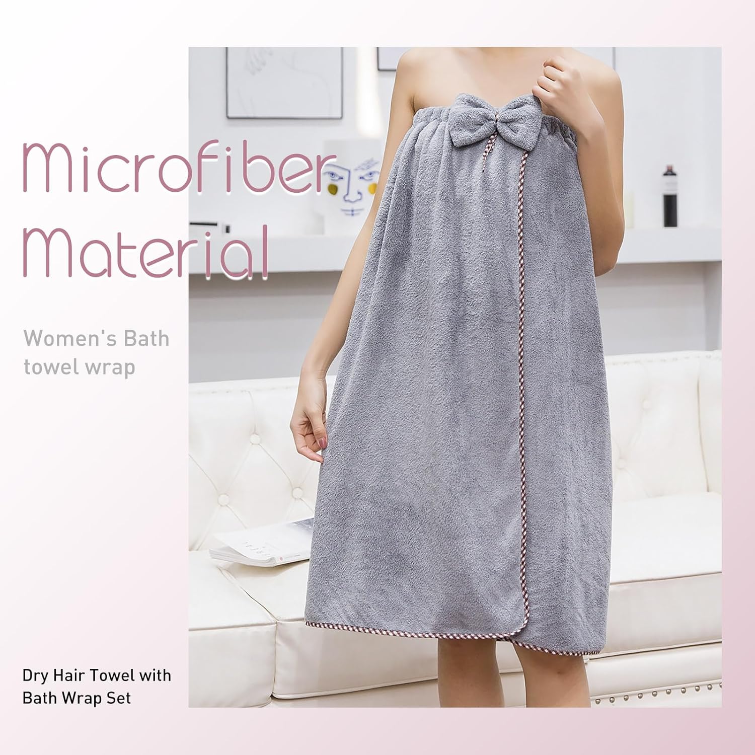 KOIKEY KOIKEY Women Bath Wrap Hair Towel Adjustable Luxury Microfiber Soft Towels Super Absorbent Quick Drying Hair and Body Grey - View 4 of 6