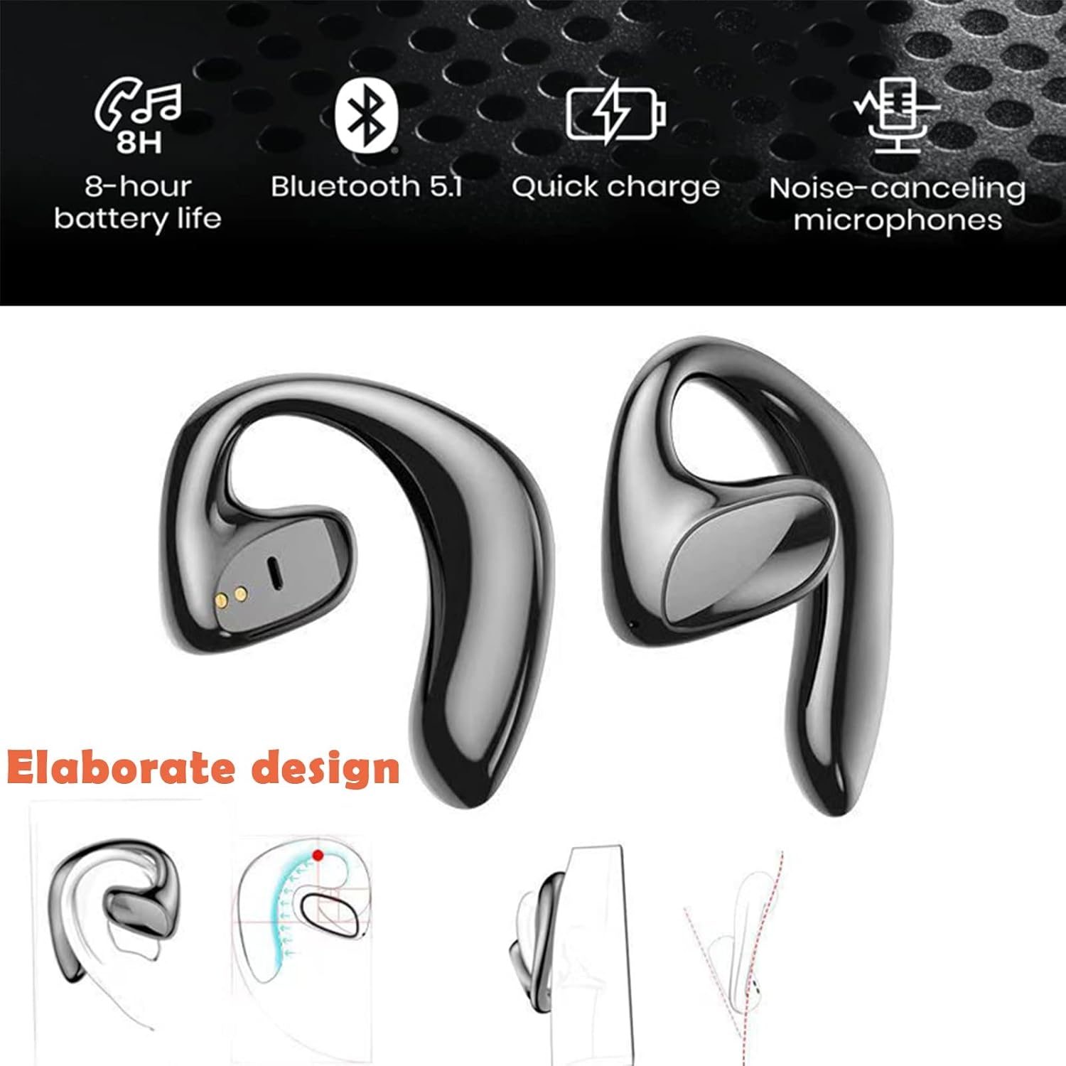Xmenha Wrap Around Over Ear Wireless Bluetooth Headphones with Ear Hook Mic and Bone Conduction Technology for Enhanced Sound Quality - View 7 of 9