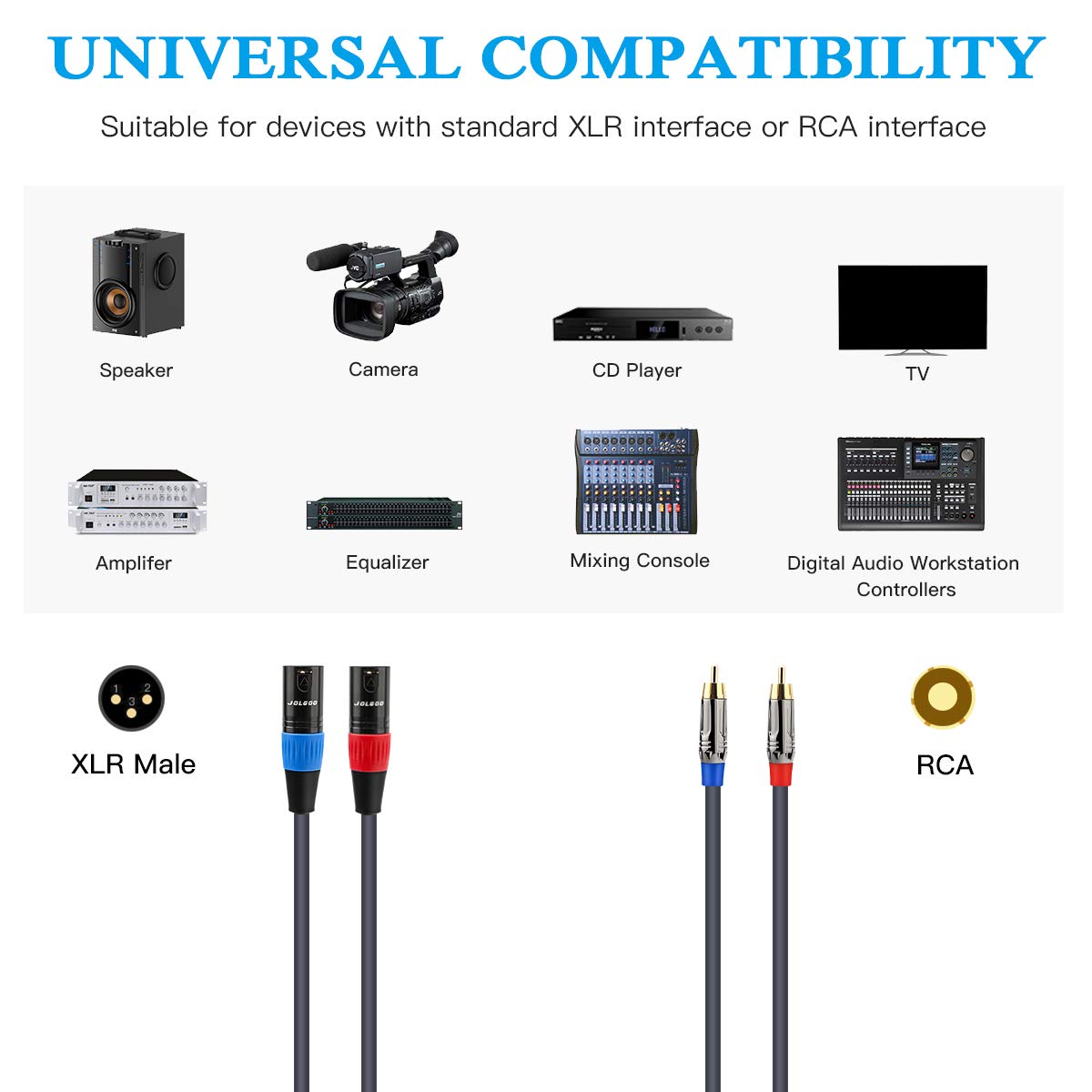 JOLGOO 15 Feet RCA to XLR Cable Dual Male HiFi Audio Cable for Amplifier Mixer Microphone 4N OFC Wire - View 2 of 7