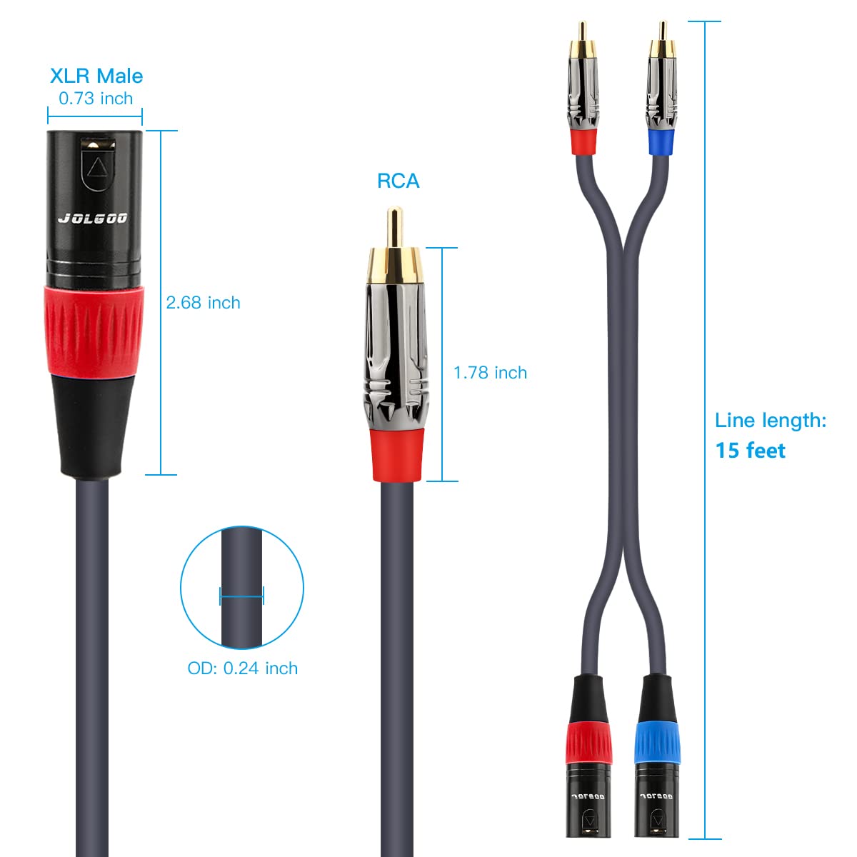 JOLGOO 15 Feet RCA to XLR Cable Dual Male HiFi Audio Cable for Amplifier Mixer Microphone 4N OFC Wire - View 7 of 7