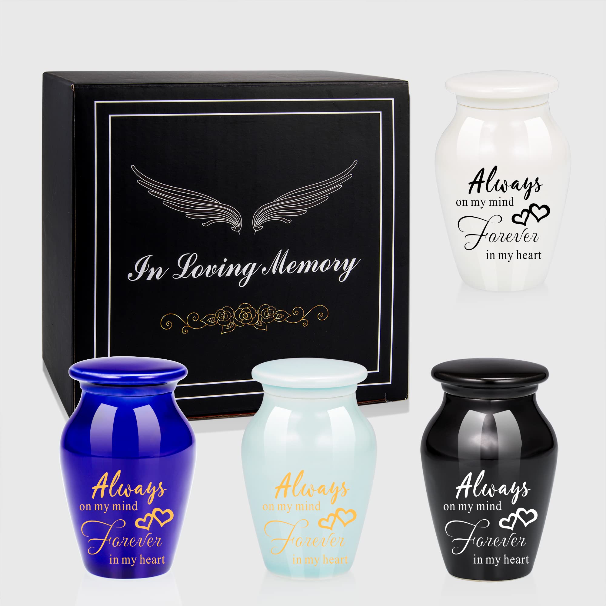 Gredstar 4pcs Small Ceramic Black Letter Print Cremation Urns - Always On My Mind Forever in My Heart Memorial Keepsake Urns - Premium Box and Spoon