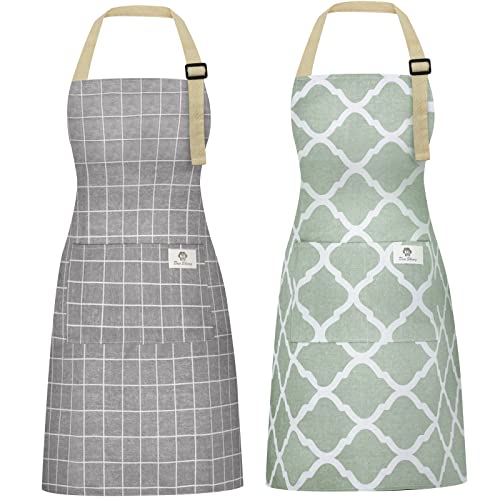 Riqiaqia Riqiaqia 2 Piece Waterproof Cotton Linen Aprons for Women and Men with Pockets Adjustable Neck Strap and Long Ties in Grey and Green