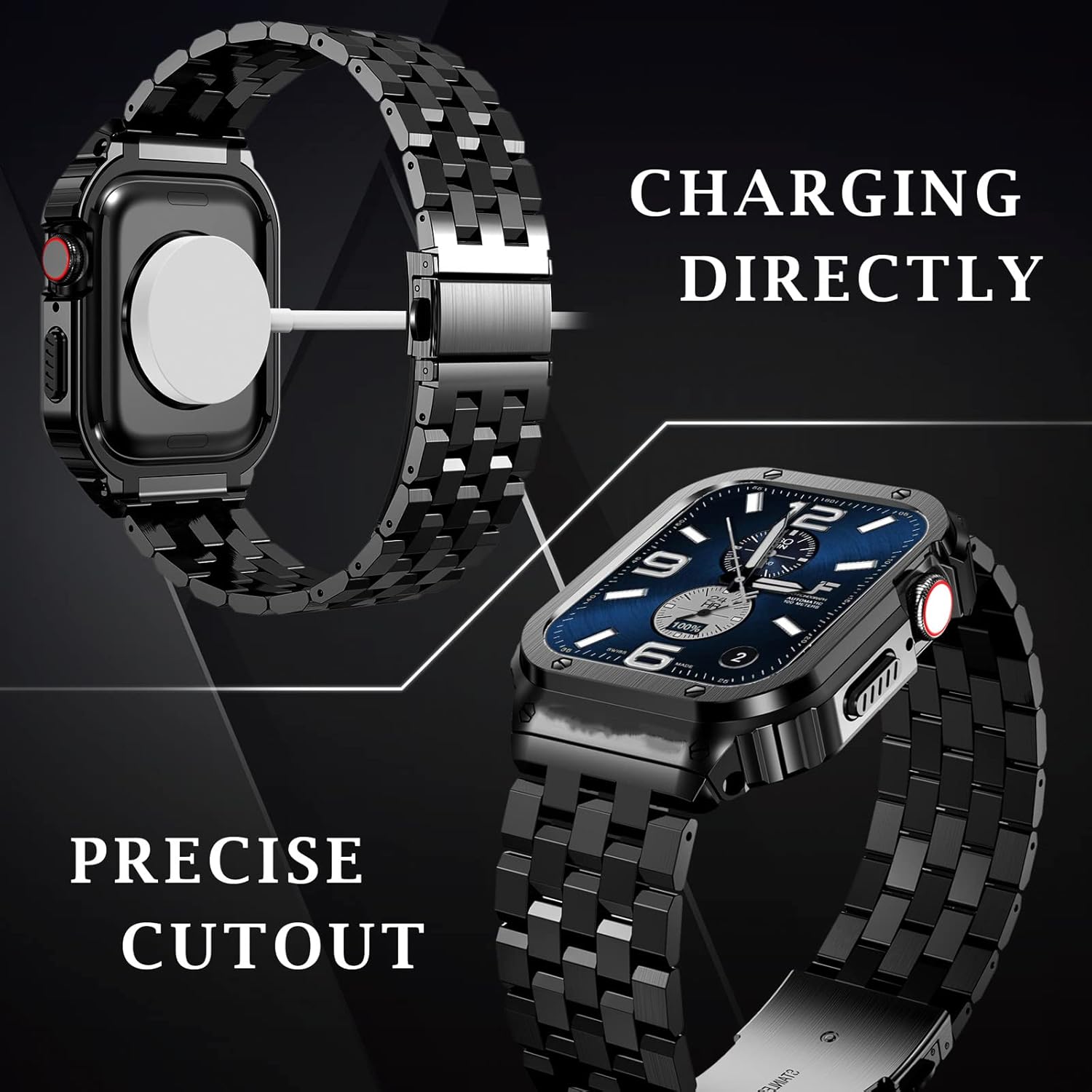 SUPLINK SUPLINK Stainless Steel Case and Band for Apple Watch 40mm 41mm 38mm Rugged Metal Cover Bumper Strap for Series 9 8 7 6 5 4 3 2 1 SE Black - View 2 of 9