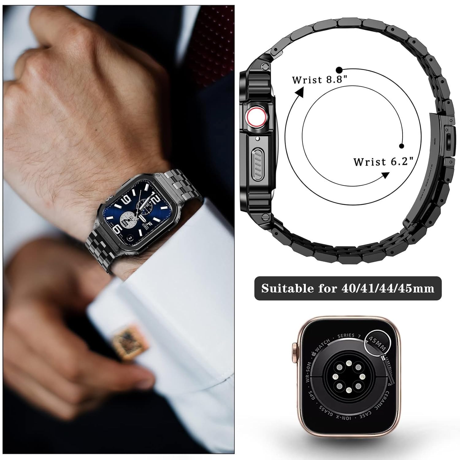 SUPLINK SUPLINK Stainless Steel Case and Band for Apple Watch 40mm 41mm 38mm Rugged Metal Cover Bumper Strap for Series 9 8 7 6 5 4 3 2 1 SE Black - View 3 of 9