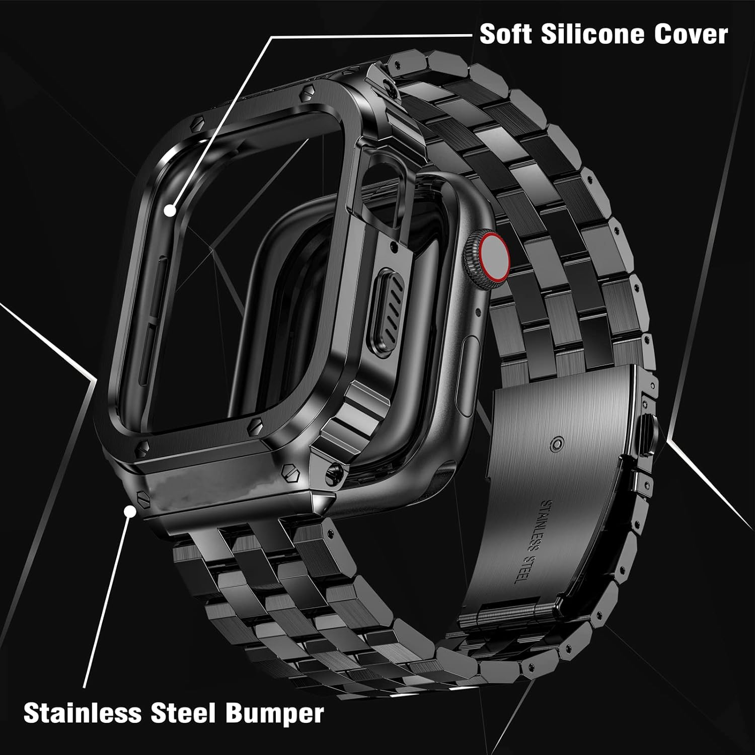 SUPLINK SUPLINK Stainless Steel Case and Band for Apple Watch 40mm 41mm 38mm Rugged Metal Cover Bumper Strap for Series 9 8 7 6 5 4 3 2 1 SE Black - View 5 of 9