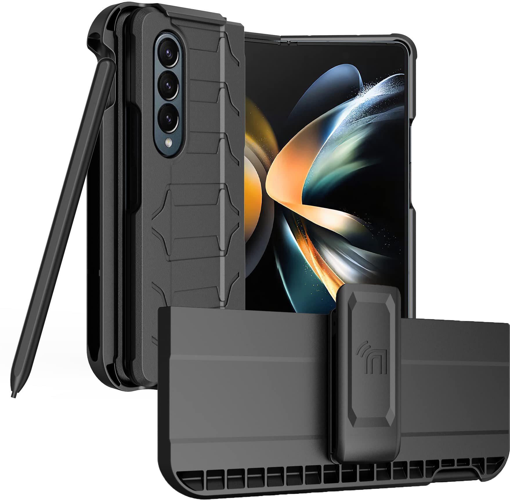 Nakedcellphone Case with Clip and S Pen Slot for Galaxy Z Fold 4 5G, Tactical Cover and Belt Hip Holster View Stand Combo for Samsung Z Fold4 Phone