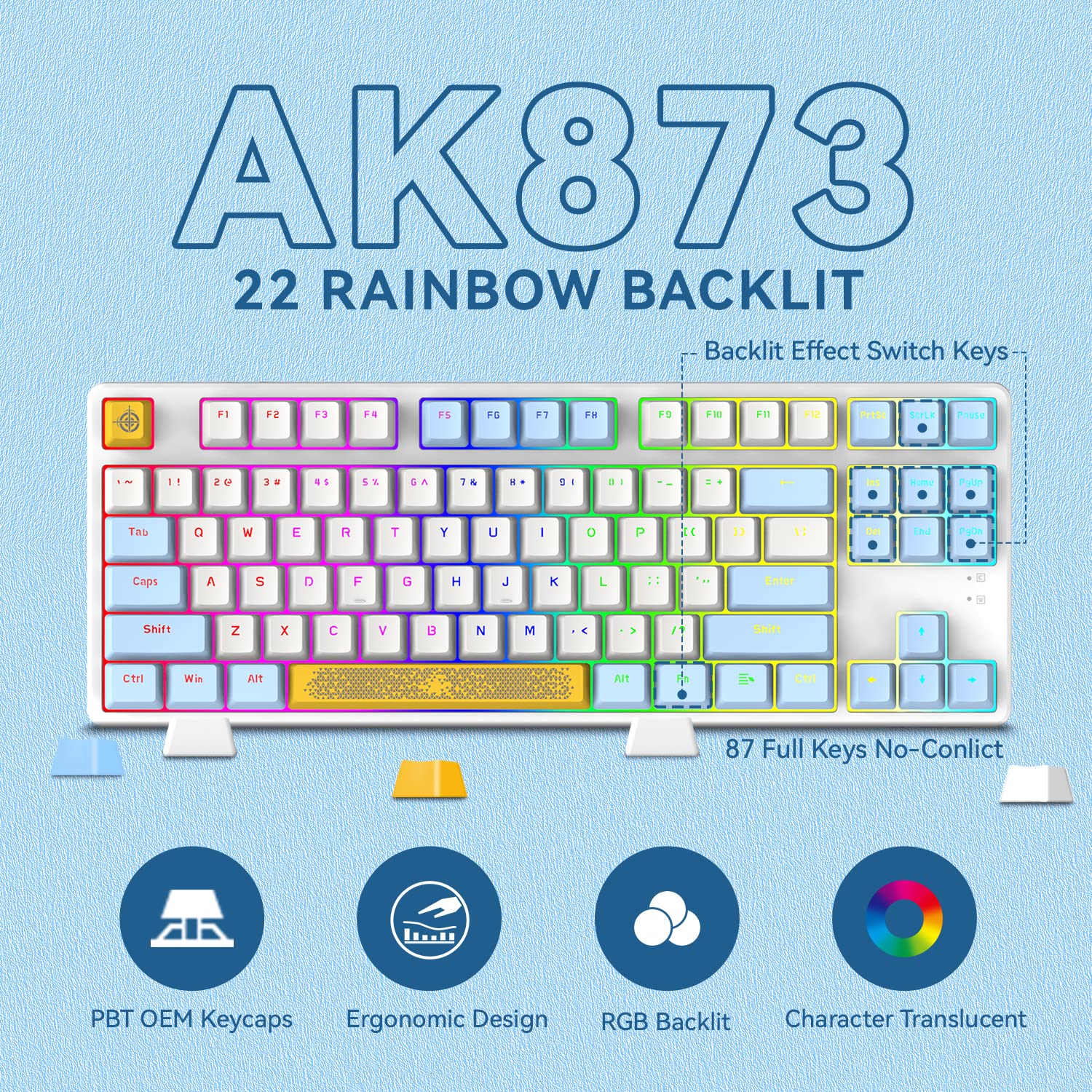 MAGIC-REFINER AK873 Gaming Keyboard,Rainbow Led Backlit,Hot-Swappable Blue Switch,PBT Keycap,75% TKL Layout,Ergonomic Mechanical Keyboard with Custom - View 5 of 9
