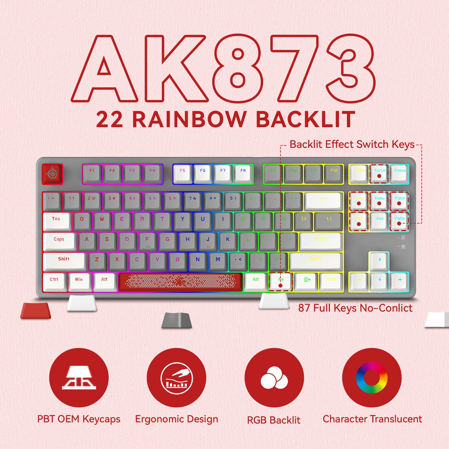 Magic-Refiner AK873 Gaming Keyboard,Rainbow Led Backlit,Hot-Swappable Linear Red Switch,PBT Keycap,75% TKL Layout,Ergonomic Mechanical Keyboard with - View 5 of 9