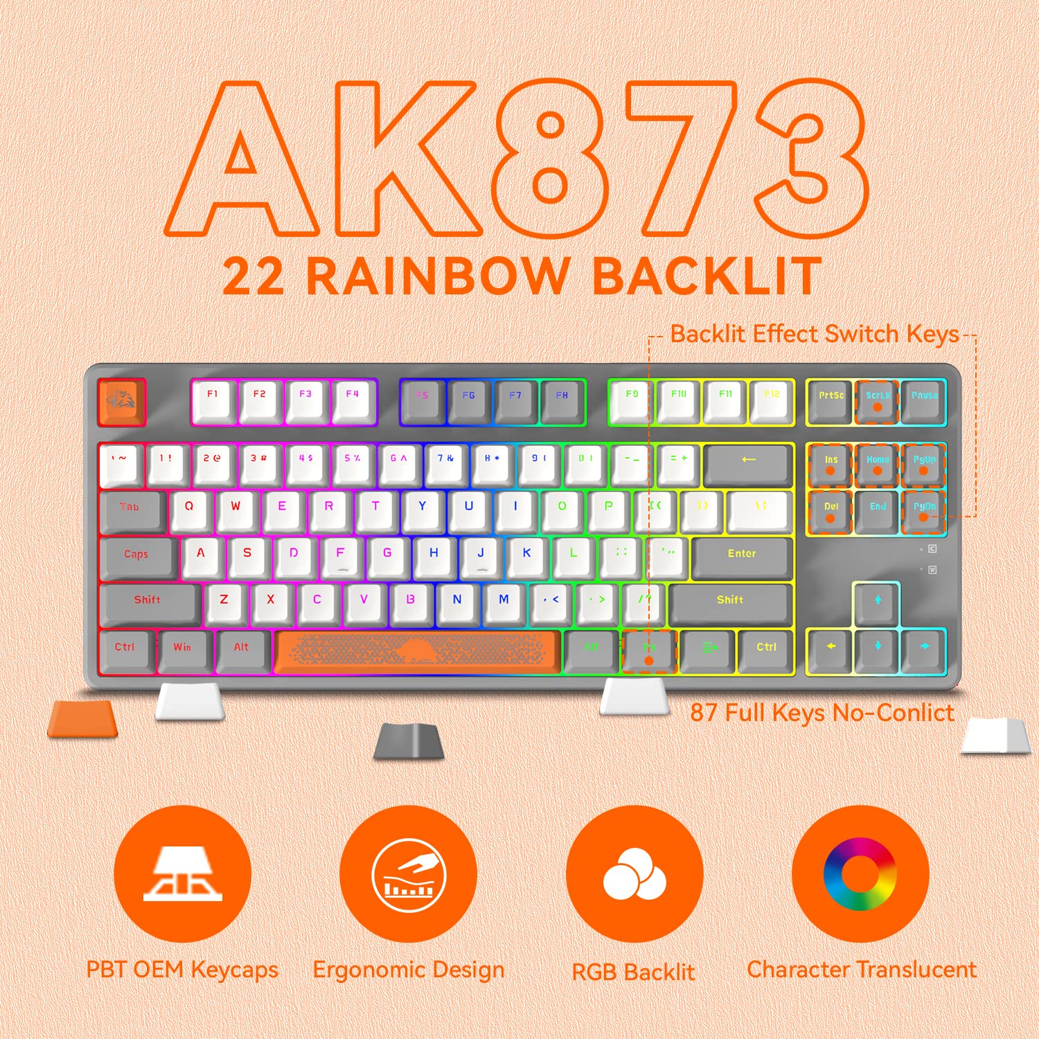 MAGIC-REFINER AK873 Wired 75% TKL Gaming Keyboard,Hot-Swappable Blue Switch,PBT Keycap,Rainbow Led Backlit,Ergonomic Mechanical Keyboard+Custom - View 5 of 9