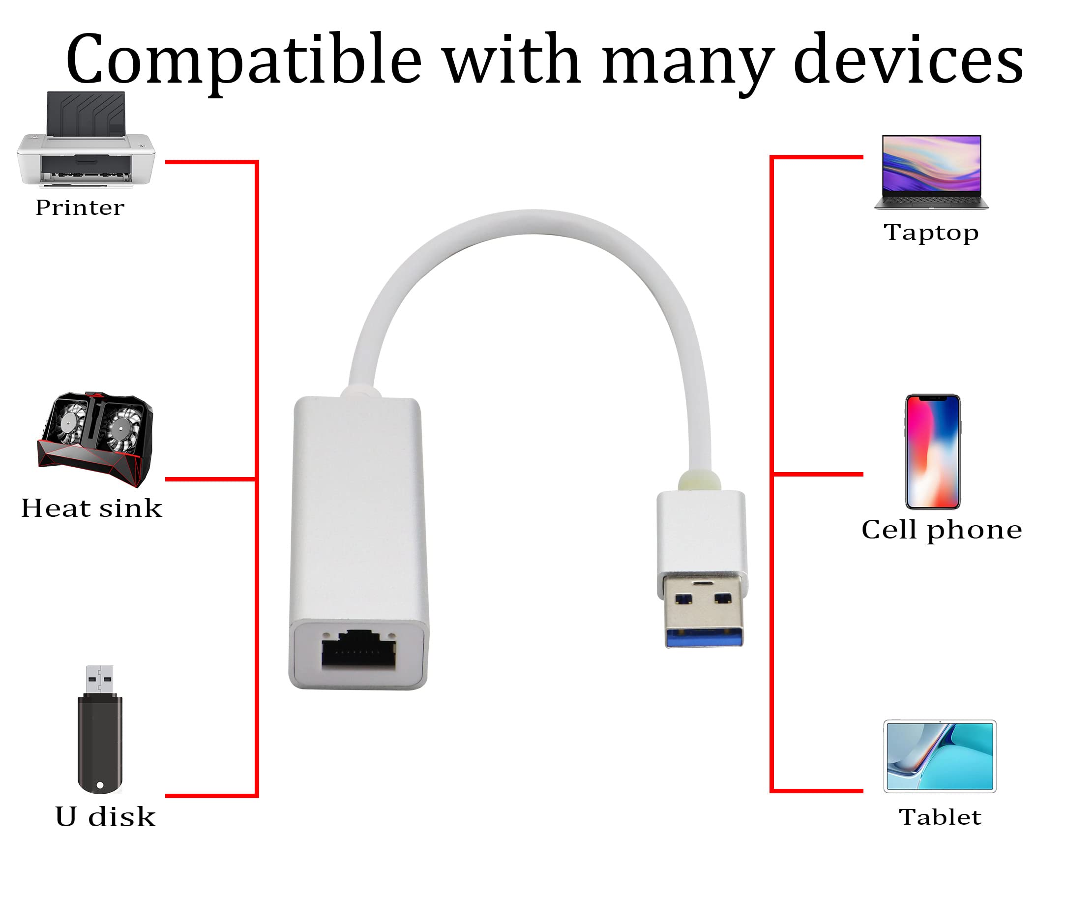 HCFeng USB 3.0 to Gigabit RJ45 Ethernet Adapter with 2m Cat7 Cable Compatible with Windows Mac and More - View 5 of 9