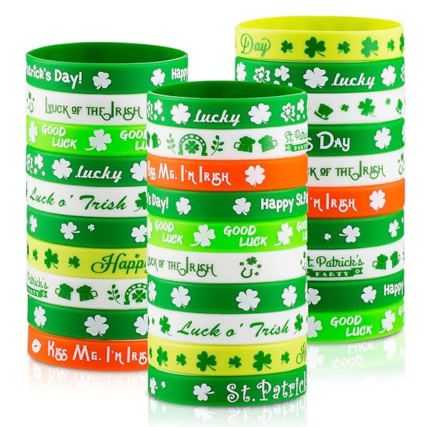 hexiaoxiao Hexiaoxiao 30pcs St. Patrick's Day Rubber Bracelets Silicone Wristbands for Kids Teens Party Favors Shamrock Holiday Accessories