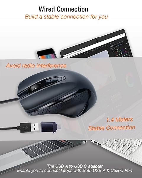 IM INNOMAX IM INNOMAX USB C Wired Mouse Ergonomic Large Size 6 Buttons 3 Level DPI for MacBook Pro iPad Pro and Laptops with USB C Port Black - View 2 of 6