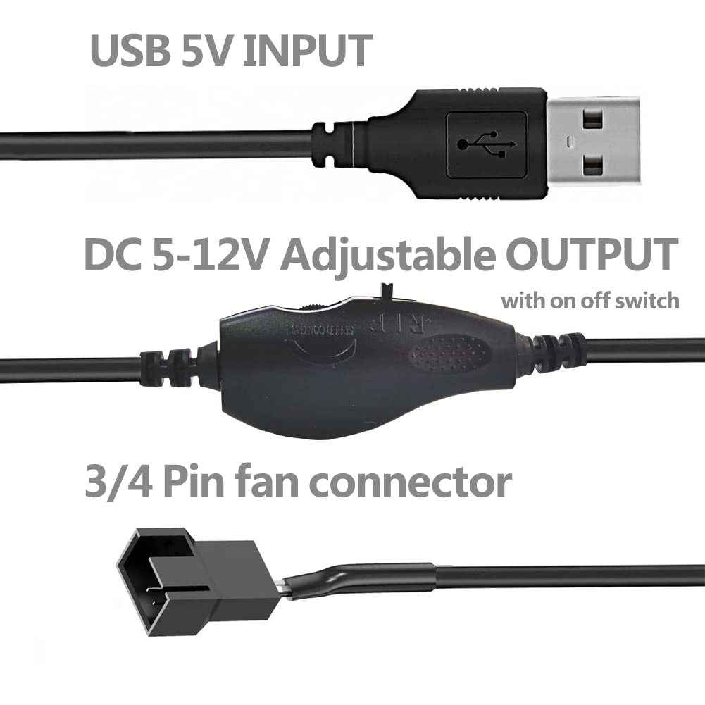 Delinx 12V Fan Speed Controller USB 5V to DC 12V Adapter Adjustable 5-12V with 3/4 Pin Fan Connector Cable 4.8ft Length - View 4 of 6