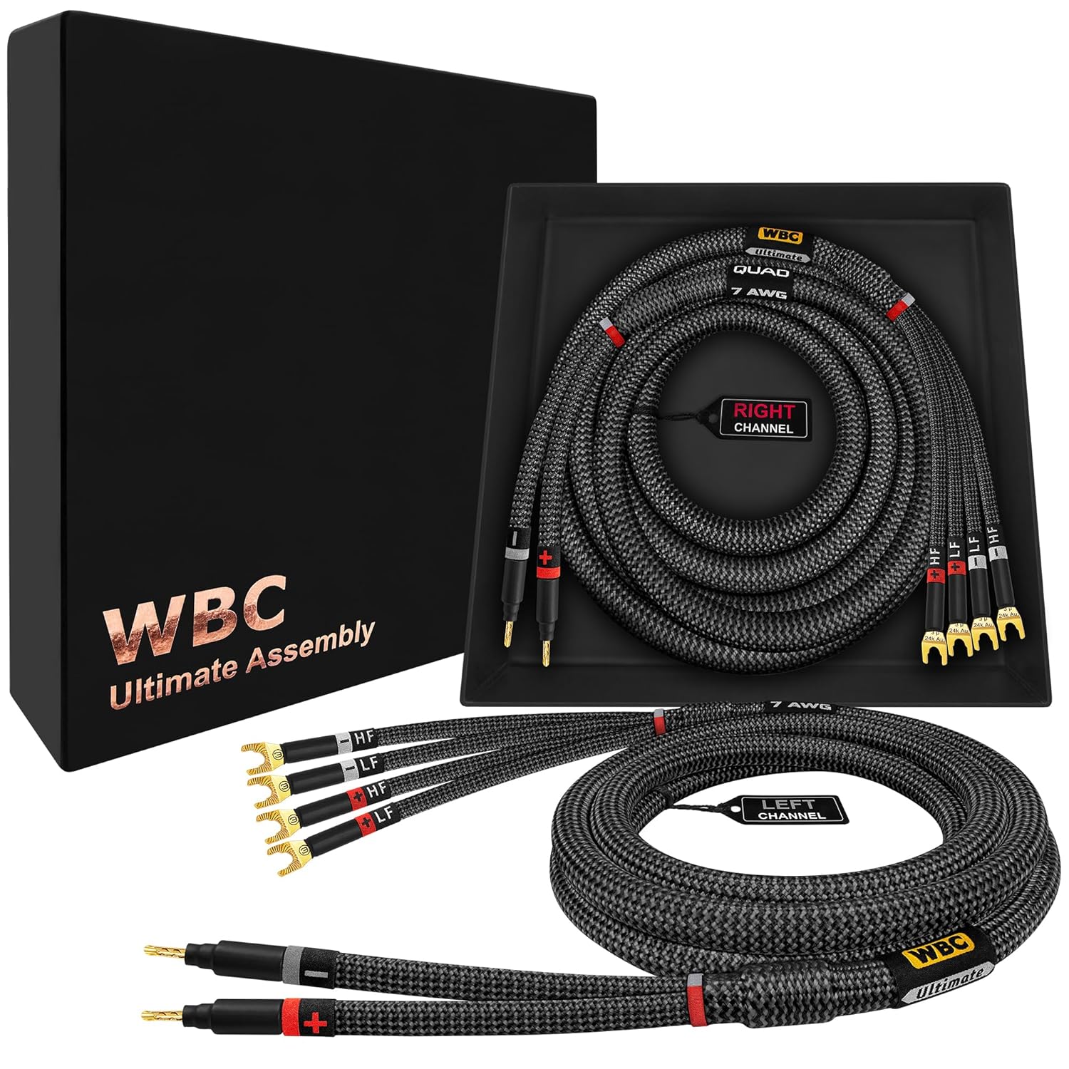 Worlds Best Cables 8 Foot Ultimate 7 AWG Ultra Pure OFC Audiophile Bi Wire Speaker Cable Pair with Eminence Gold Banana and Spade Plugs