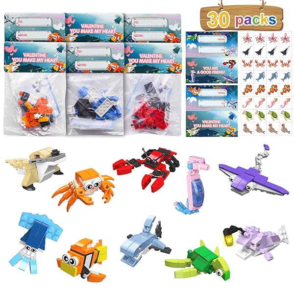 LYUBASA 30 Packs Valentines Day Gifts for Kids Sea Animal Building Blocks with Cards for Classroom Class Gifts Exchange Party Favors for Boys Girls