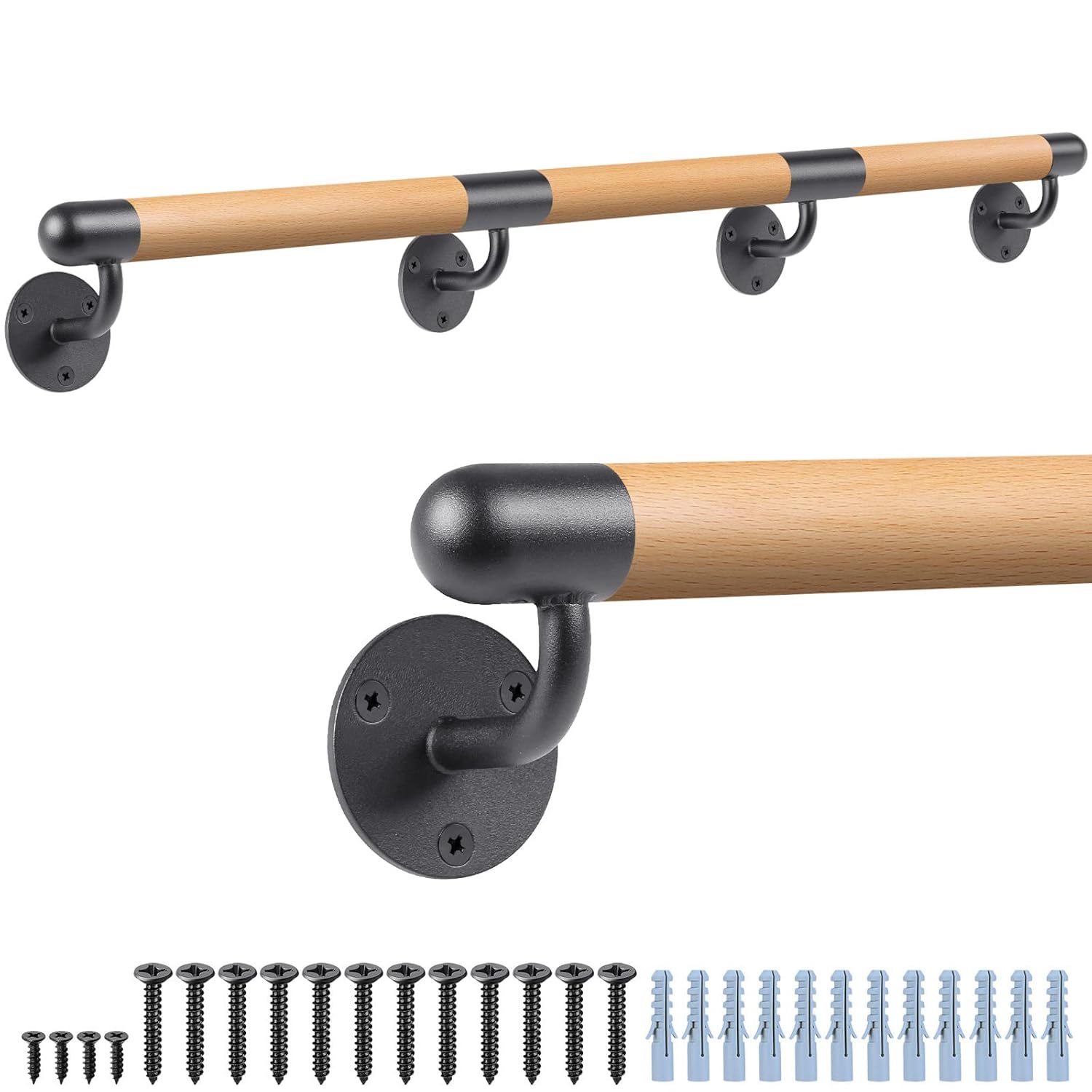 Dolibest Dolibest 100 Inch Wood Handrail for Indoor Stairs Wall Mount Non-Slip Comfortable Grab Bar with Sturdy Metal Brackets for Elderly Safety