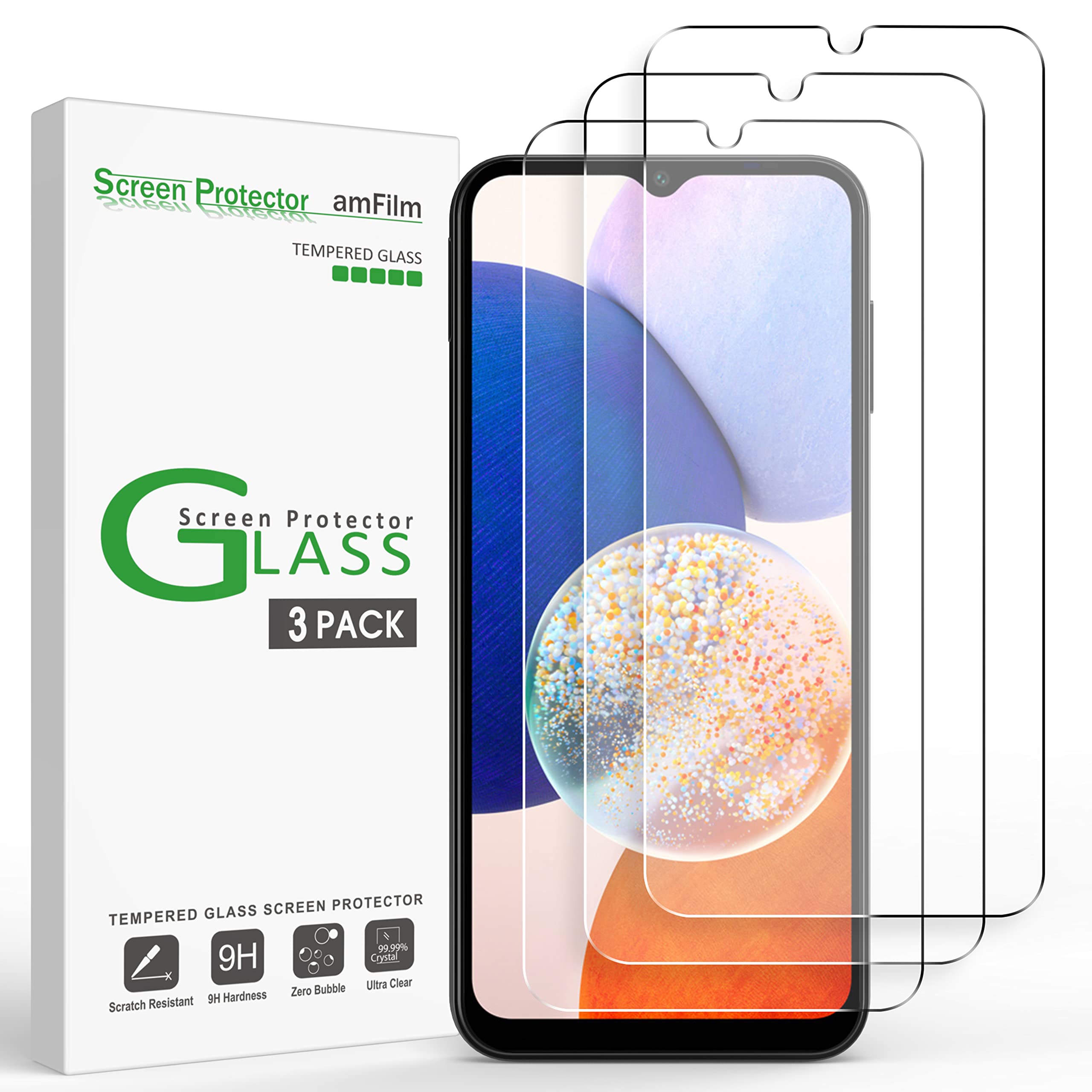 amFilm 3 Pack Tempered Glass Screen Protector Compatible with Samsung Galaxy A14 5G 6.6" with Easy Installation Kit, Case Friendly, Bubbles-Free