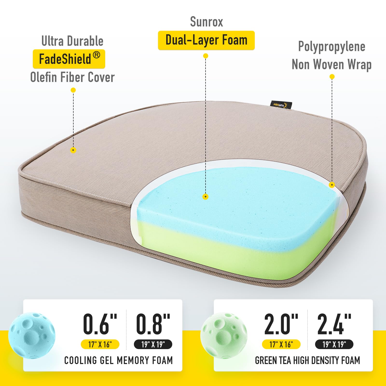 SUNROX SUNROX Gel Memory Foam Chair Cushions Set of 6 Reversible Water and Stain Resistant Seat Pads for Indoor Outdoor Use 17x16 Husk Birch - View 2 of 7