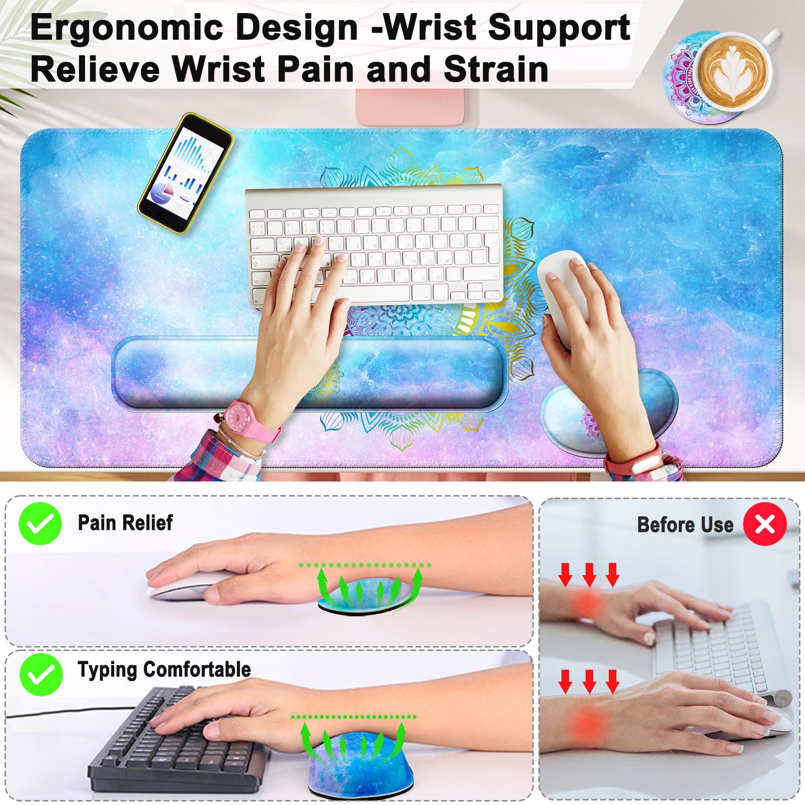 Keyboard Wrist Rest + Mouse Pad with Wrist Support + Desk Mat + Coaster 4 in 1 Set, XXL Large Gaming Mousepad Cute Ergonomic Mouse Pads for Desk - View 2 of 8