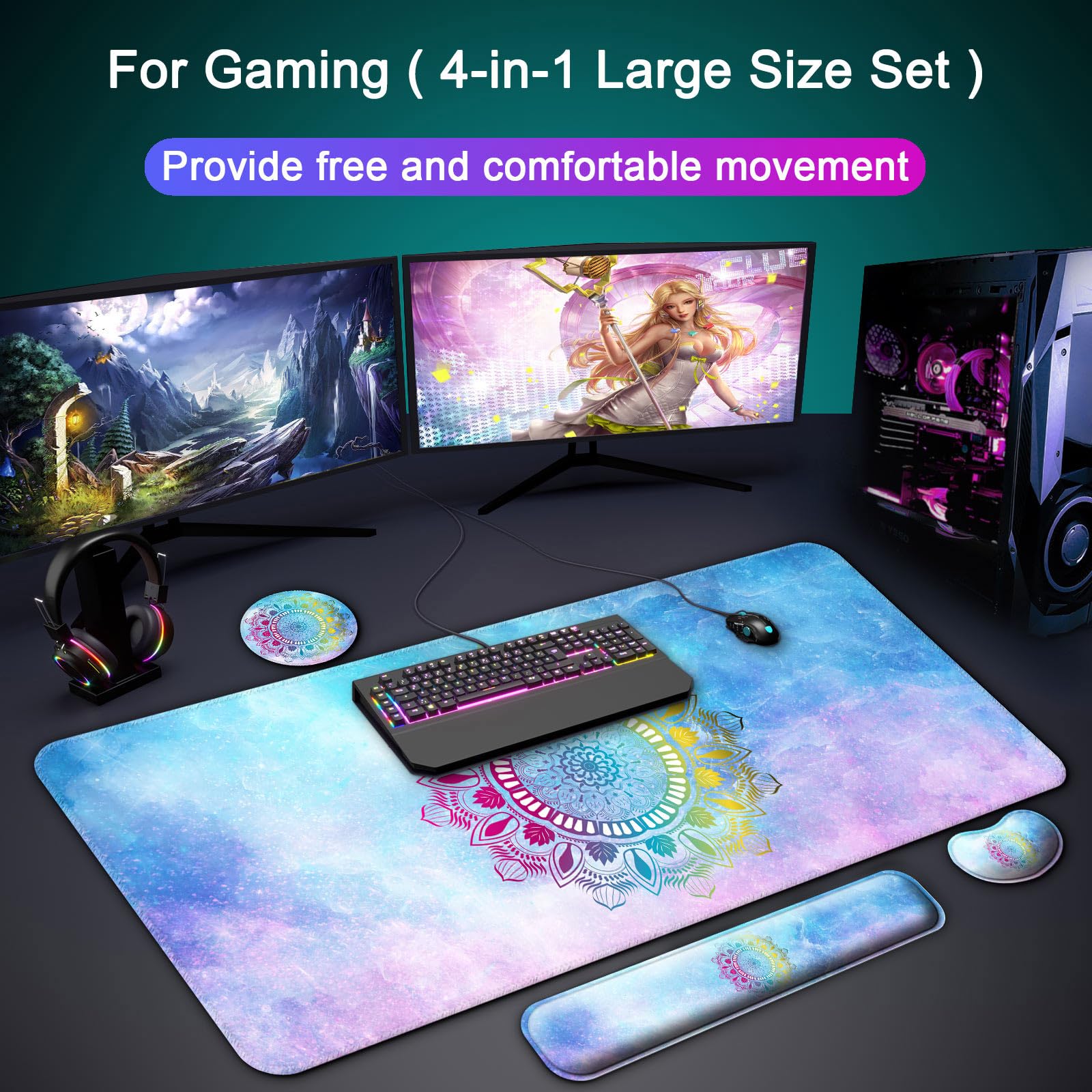 Keyboard Wrist Rest + Mouse Pad with Wrist Support + Desk Mat + Coaster 4 in 1 Set, XXL Large Gaming Mousepad Cute Ergonomic Mouse Pads for Desk - View 8 of 8
