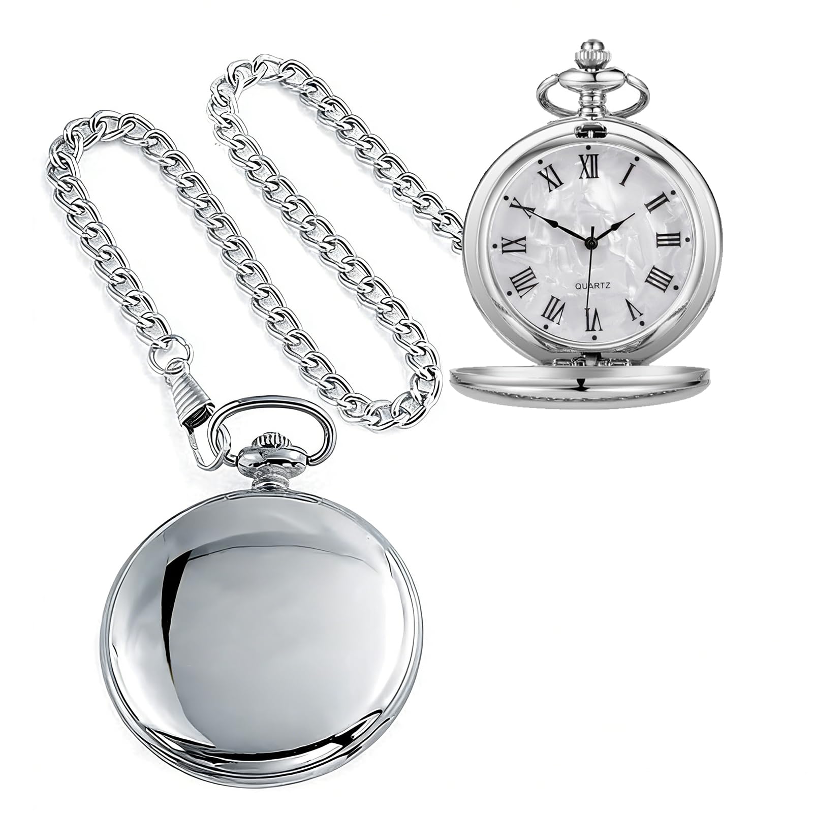 Alwesam Smooth Quartz Pocket Watches Round Roman Numbers with 37cm Chain Christmas Birthdays Best Gifts Father Days