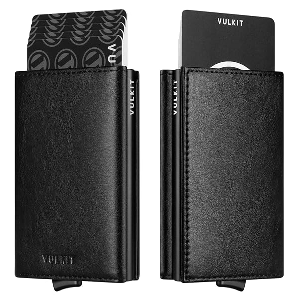 VULKIT VULKIT RFID Blocking Leather Credit Card Holder with Banknote Compartment and ID Window for Men and Women in Black
