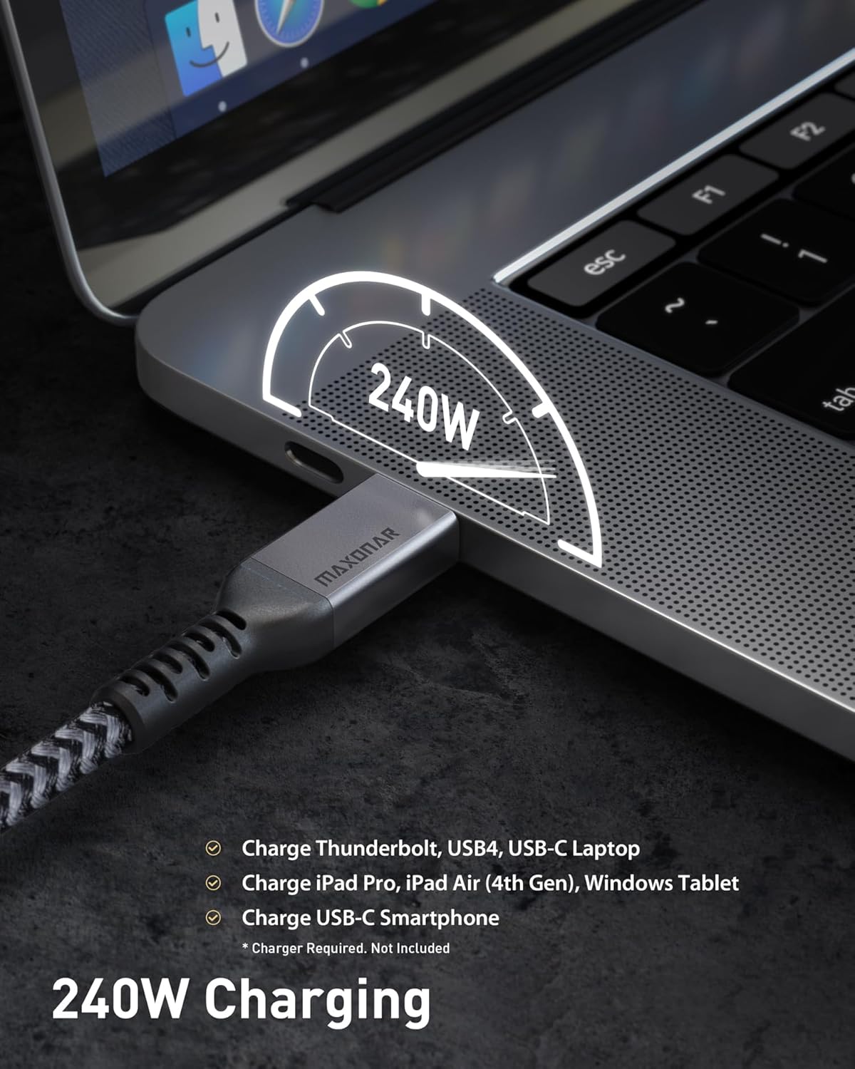 Maxonar Maxonar 6Ft Thunderbolt 4 Cable 40Gbps Data Sync 240W Charging 8K 5K 60Hz for Thunderbolt 4 3 USB4 USB-C Devices - View 4 of 6
