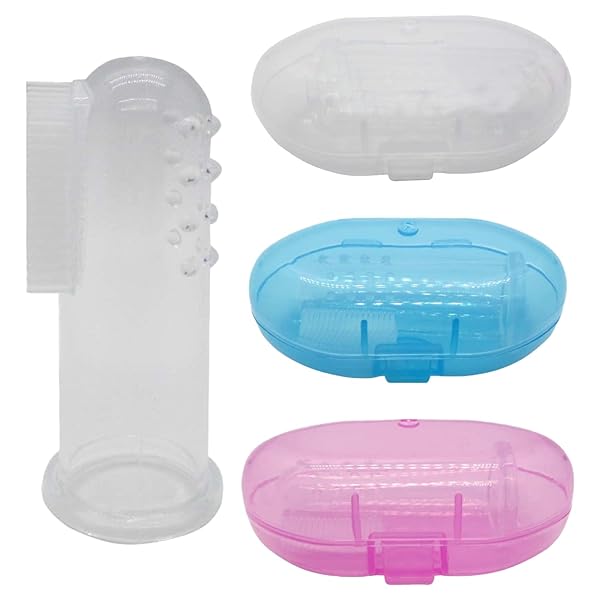 Gadgetime USA Gadgetime USA Baby Finger Toothbrush Set of 3 Silicone Toddler Training Toothbrushes with Cases in Blue Pink and Clear for Easy Oral Hygiene