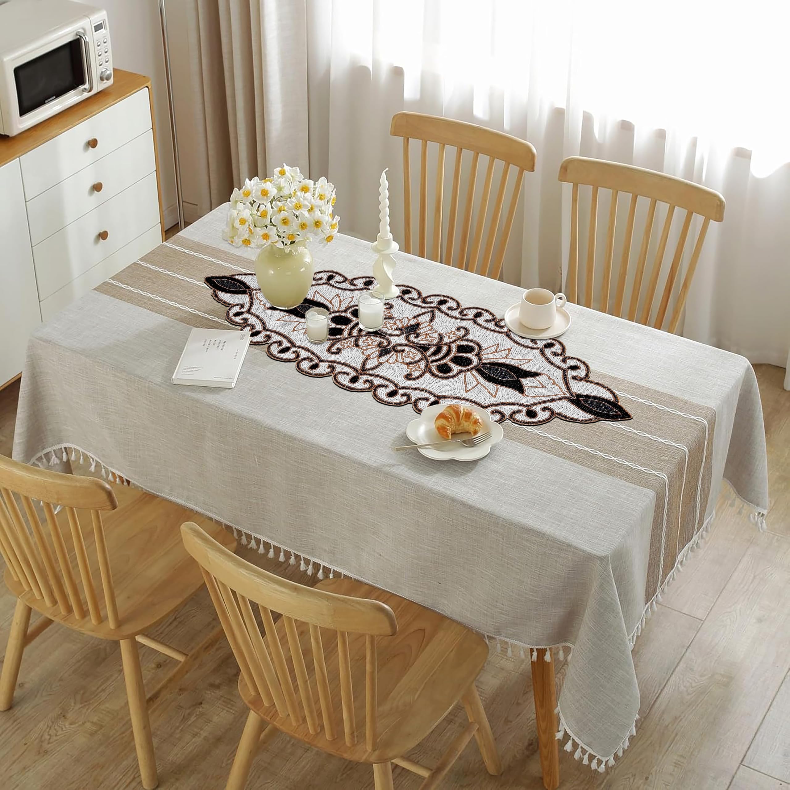 CLEENTABLE CLEENTABLE 36x13 Elegant Beaded Table Runner Handcrafted Black Ivory Floral Design Durable Polyester for Dining Coffee Table Special Occasions - View 2 of 9