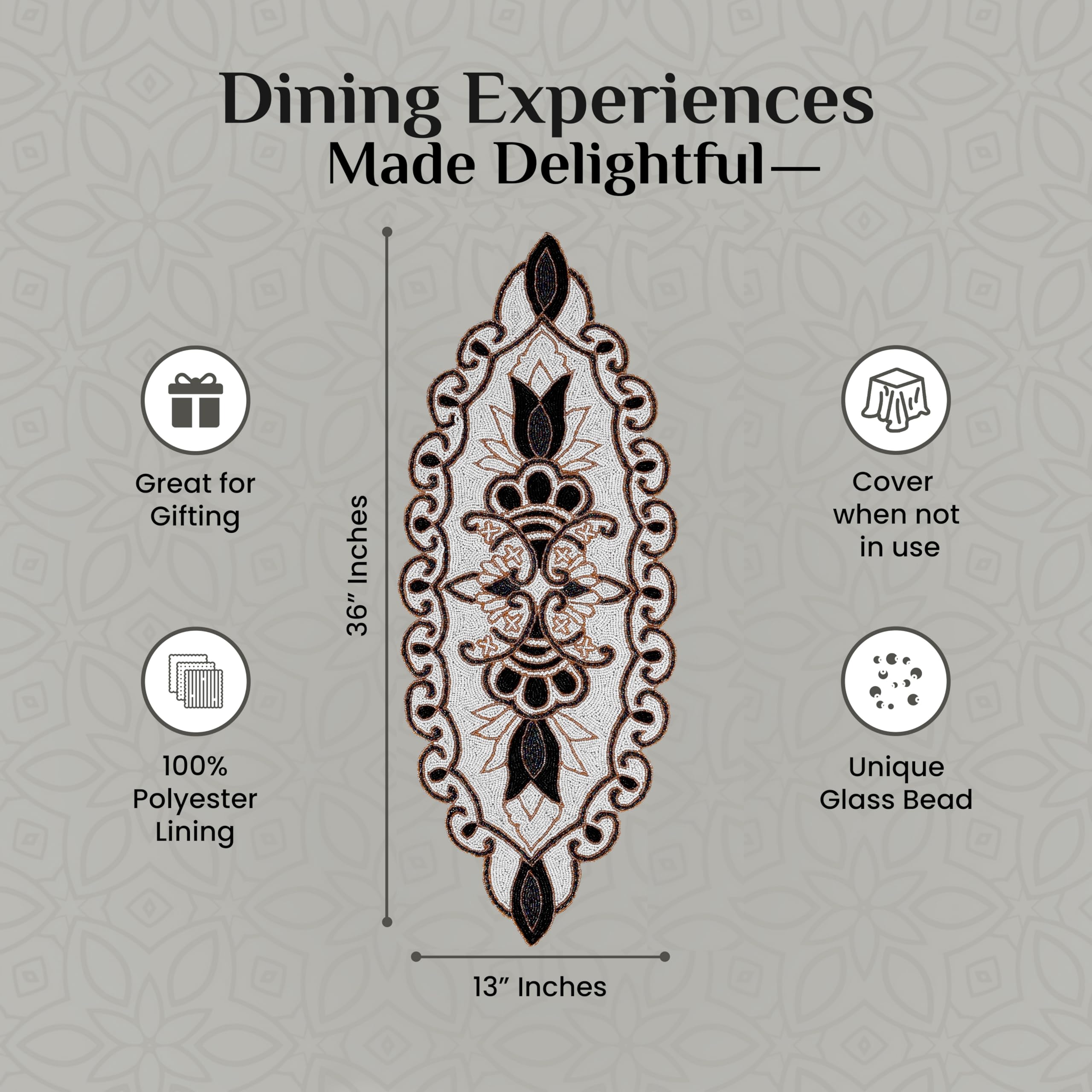 CLEENTABLE CLEENTABLE 36x13 Elegant Beaded Table Runner Handcrafted Black Ivory Floral Design Durable Polyester for Dining Coffee Table Special Occasions - View 3 of 9