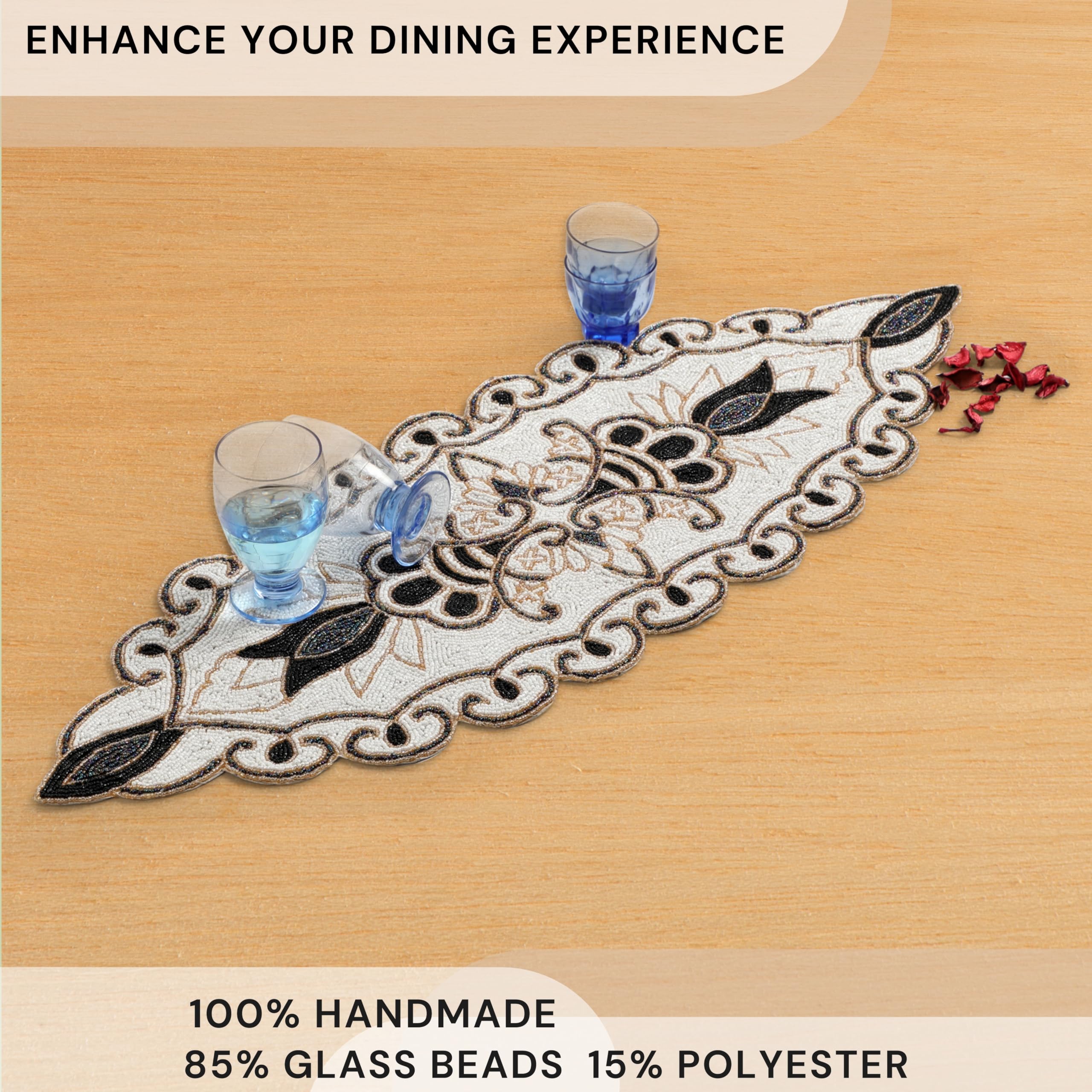 CLEENTABLE CLEENTABLE 36x13 Elegant Beaded Table Runner Handcrafted Black Ivory Floral Design Durable Polyester for Dining Coffee Table Special Occasions - View 5 of 9