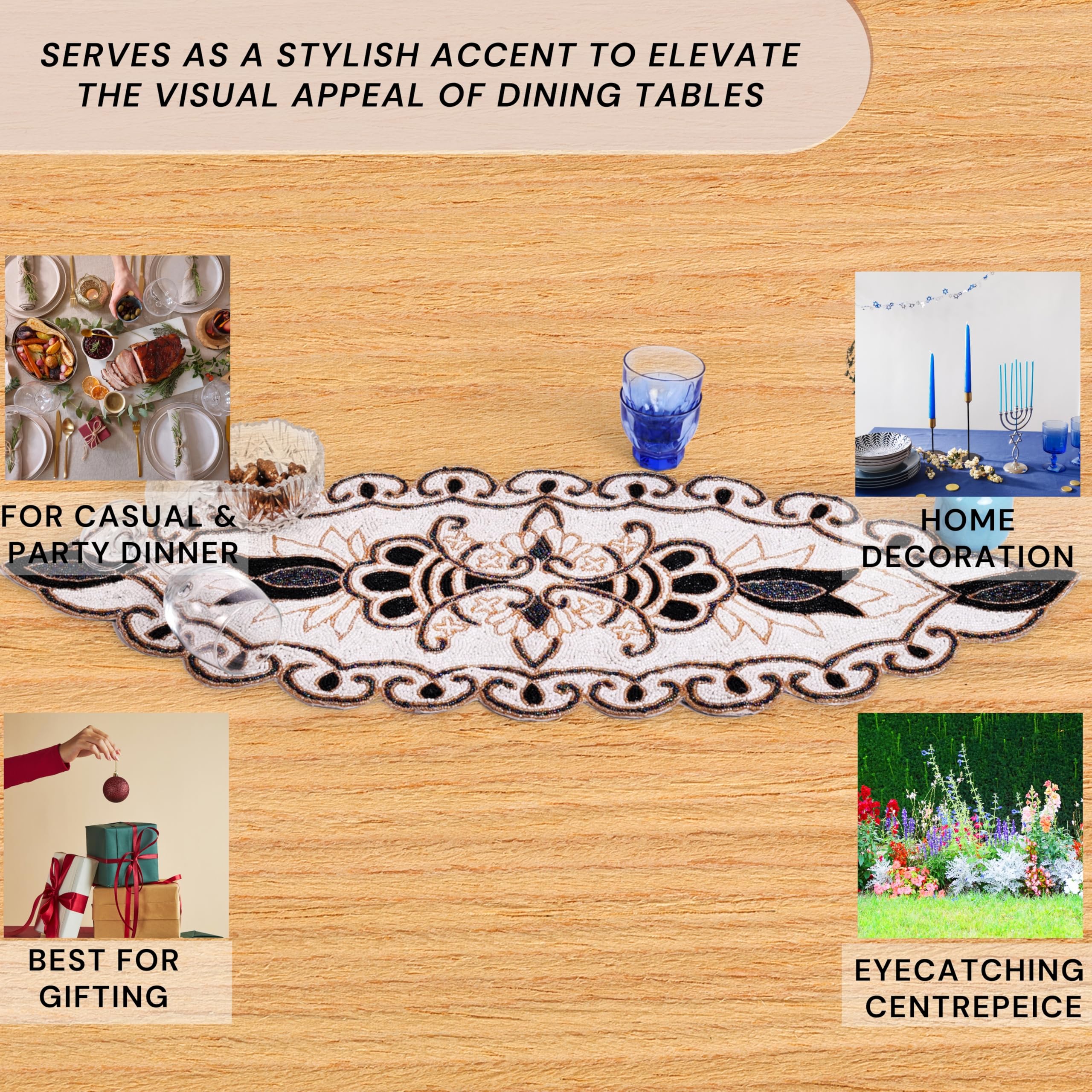 CLEENTABLE CLEENTABLE 36x13 Elegant Beaded Table Runner Handcrafted Black Ivory Floral Design Durable Polyester for Dining Coffee Table Special Occasions - View 9 of 9