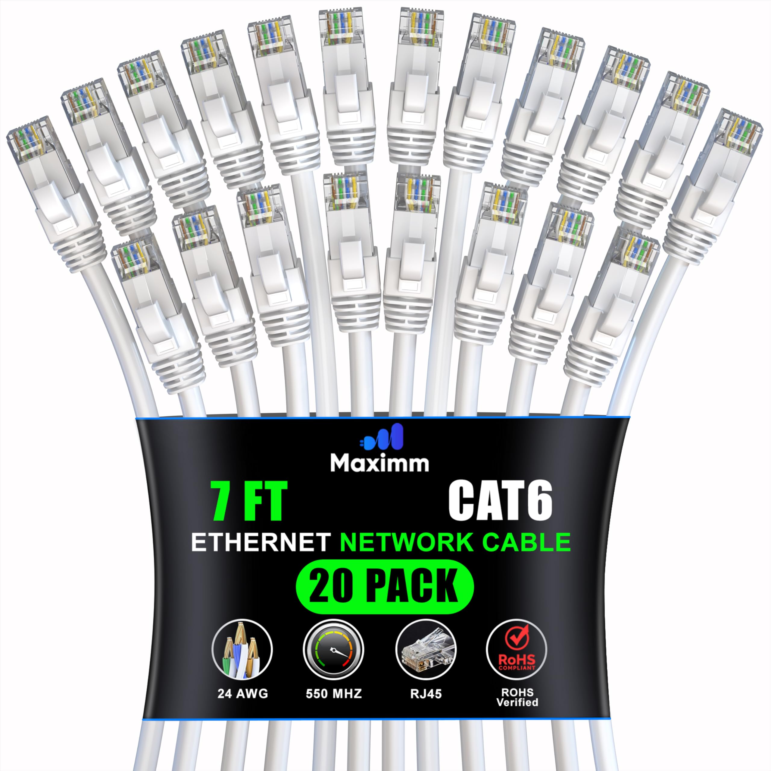 Maximm Cat 6 Ethernet Cable 7ft (20-Pack) - High-Speed 10Gbps LAN & Network Cables - UTP, 550MHz, White