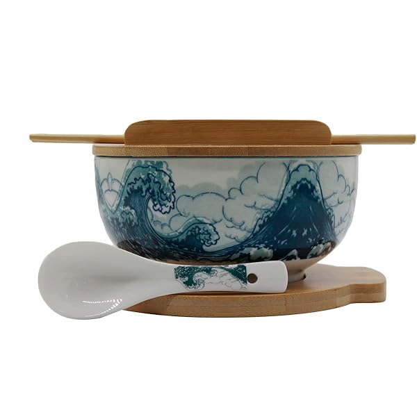 XWORLD XWORLD Japanese Ceramic Ramen Noodle Bowls Set with Spoon Chopsticks Lid Trivet 33.8 OZ Microwavable Oven Safe Blue Sea