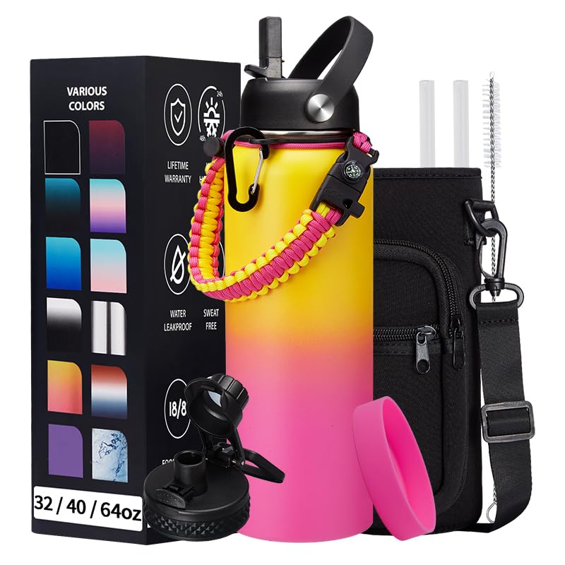 DIGJUPER DIGJUPER 40OZ Insulated Stainless Steel Water Bottle with Straw and Spout Lids Leakproof Reusable Metal Flask for Workouts and Outdoor Activities