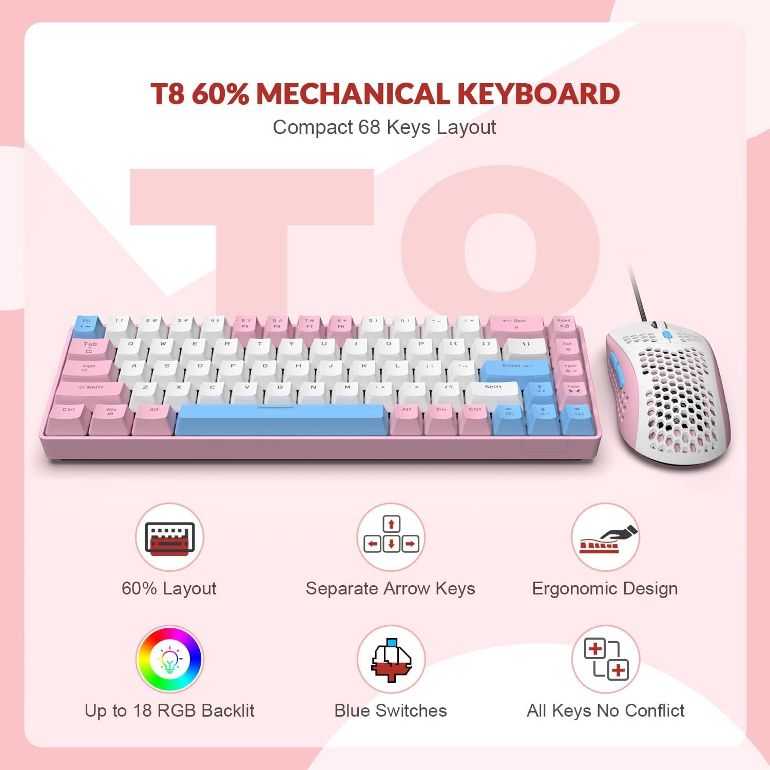 ZIYOU LANG RK-T8PR0 Wired 65% Mechanical Gaming Keyboard and Mouse Combo with RGB LED Backlit Anti-ghosting TKL Mini 68 Key Coiled C to A Cable - View 2 of 9