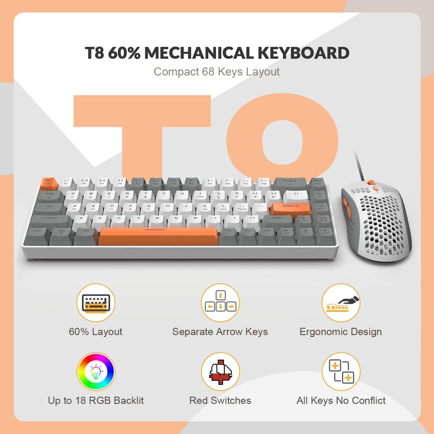 ZIYOU LANG RK-T8PR0 Wired 65% Mechanical Gaming Keyboard and Mouse Combo with RGB Backlit Anti-ghosting TKL Mini 68 Key Coiled C to A Cable Tactile - View 2 of 8