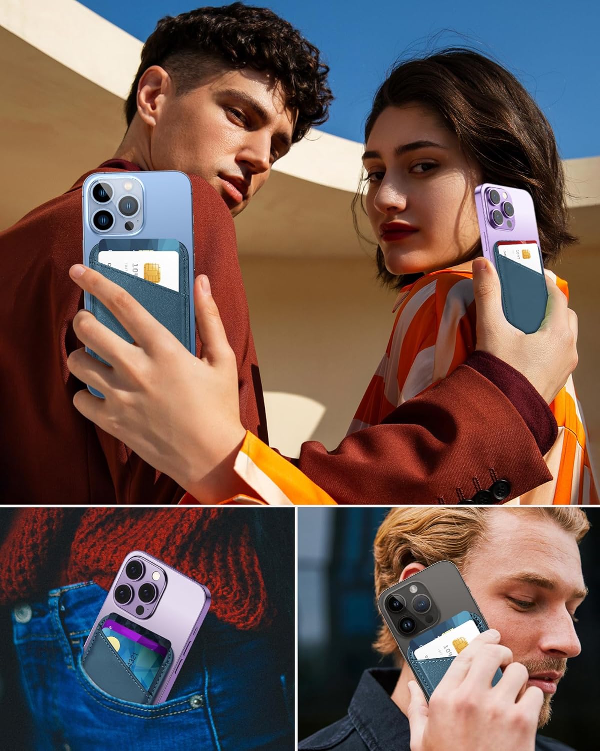 Miroddi Miroddi Leather Magnetic Wallet for iPhone 16 15 14 13 12 Ultra Thin RFID Blocking Card Holder Blue - View 6 of 7