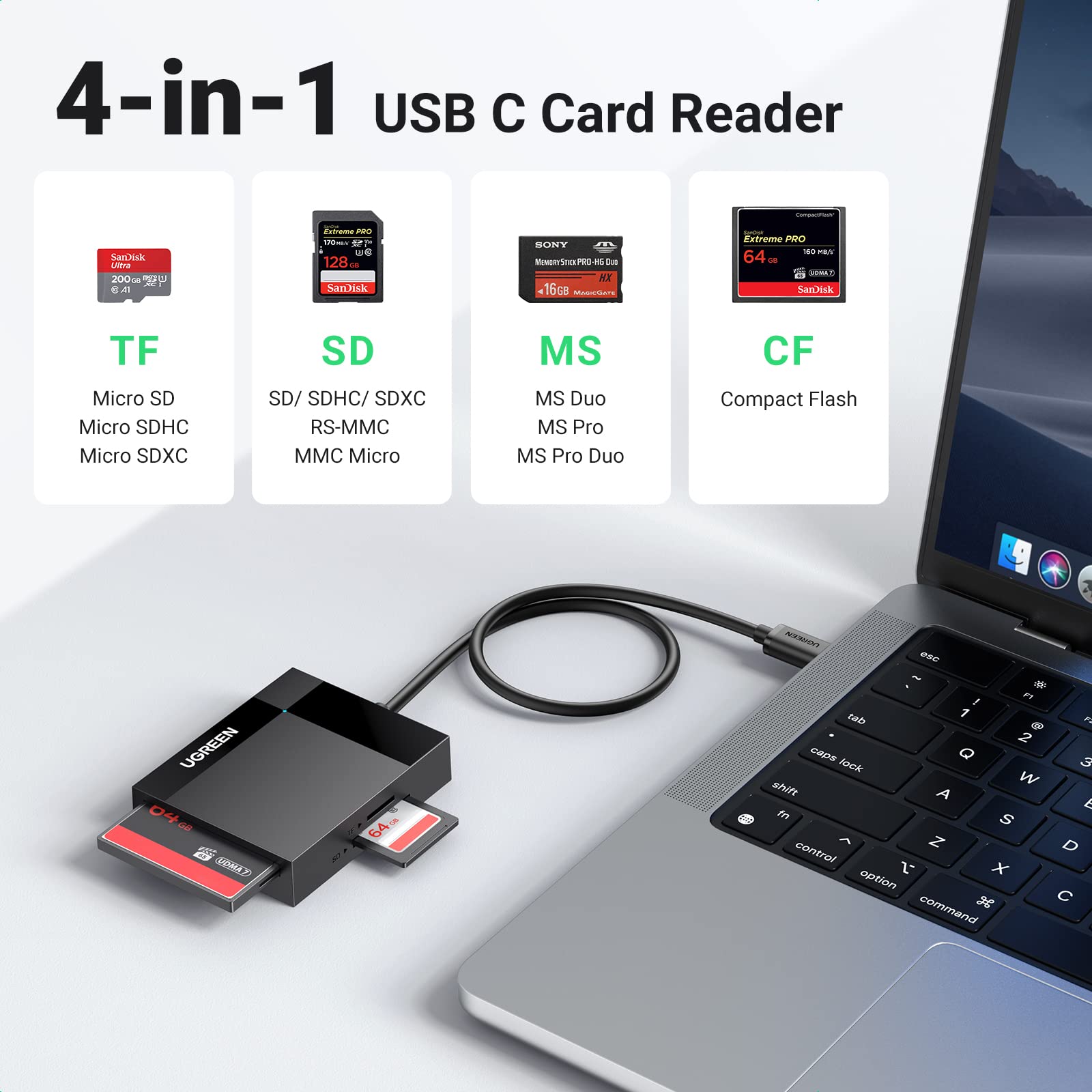 UGREEN UGREEN USB C SD Card Reader 4-in-1 Adapter for iPhone 15 MacBook iPad and Cameras Fast Data Transfer Compact Design - View 2 of 9