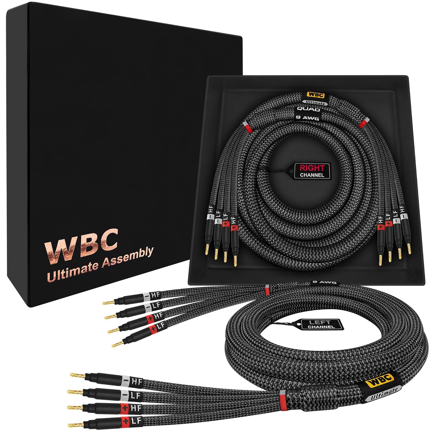 Worlds Best Cables 12 Foot Ultimate 9 AWG Ultra Pure OFC Audiophile HiFi Bi Amp Speaker Cable Pair with Eminence Gold Banana Plugs