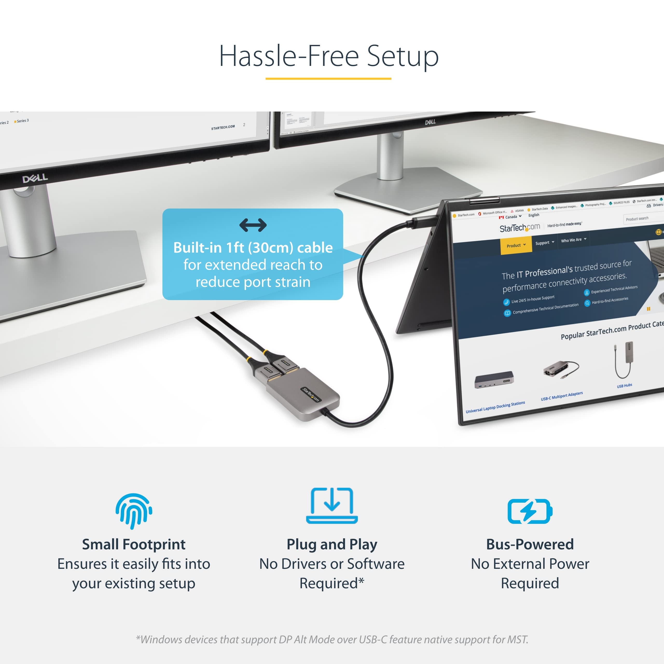 StarTech USB-C to Dual DisplayPort 1.4 Adapter Multi-Monitor Hub Dual 5K 60Hz Laptop Display Extender HDR Extra-Long Cable Windows Only - View 6 of 8