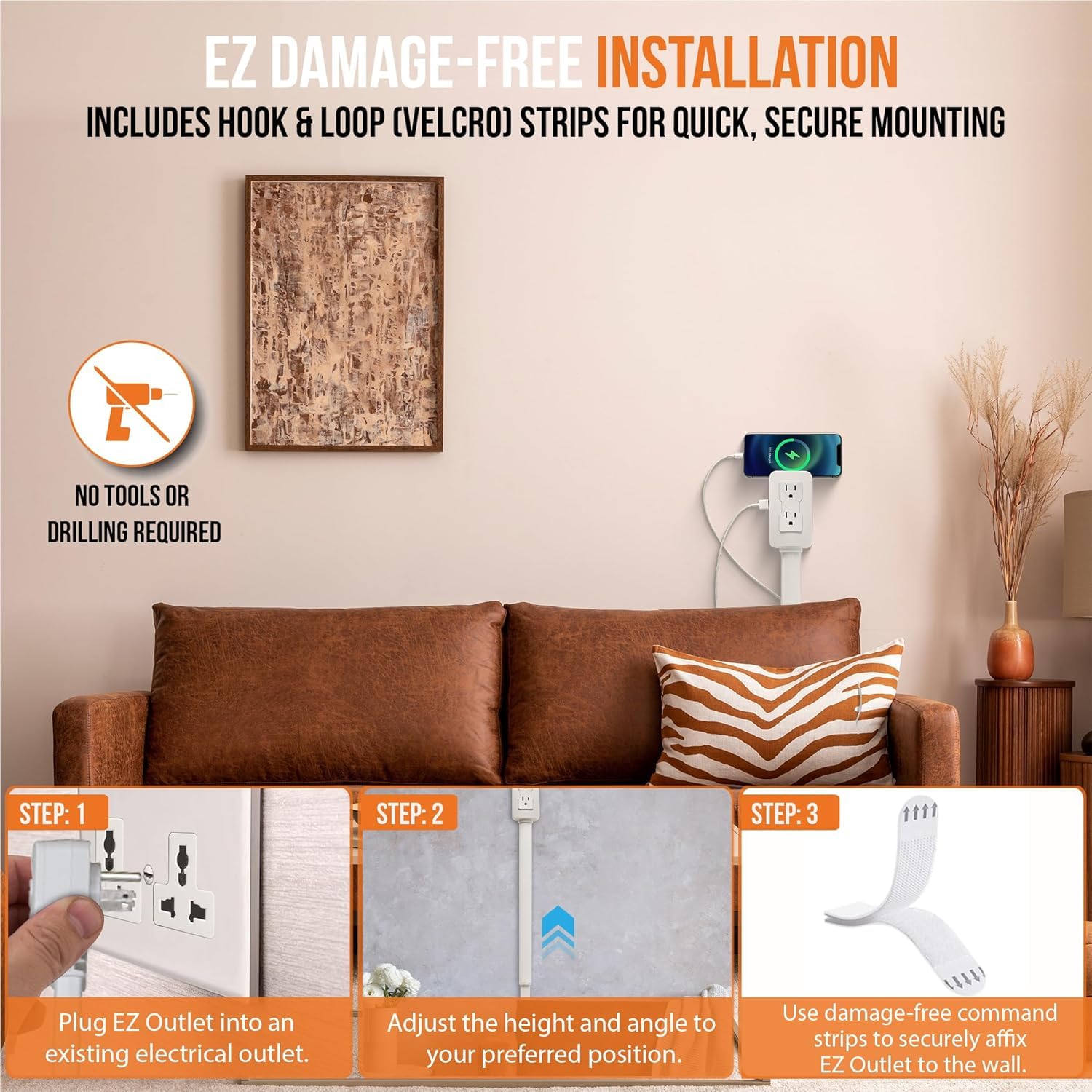 EZ Outlet Electrical Outlet Extender. Access Hard-to-Reach Outlets! Features USB-A, USB-C, and 2 AC Outlets, Extends 22"-34", Rotates 180Â°. Use Behind Couches, Nightstands, Desks, and More. - View 7 of 8